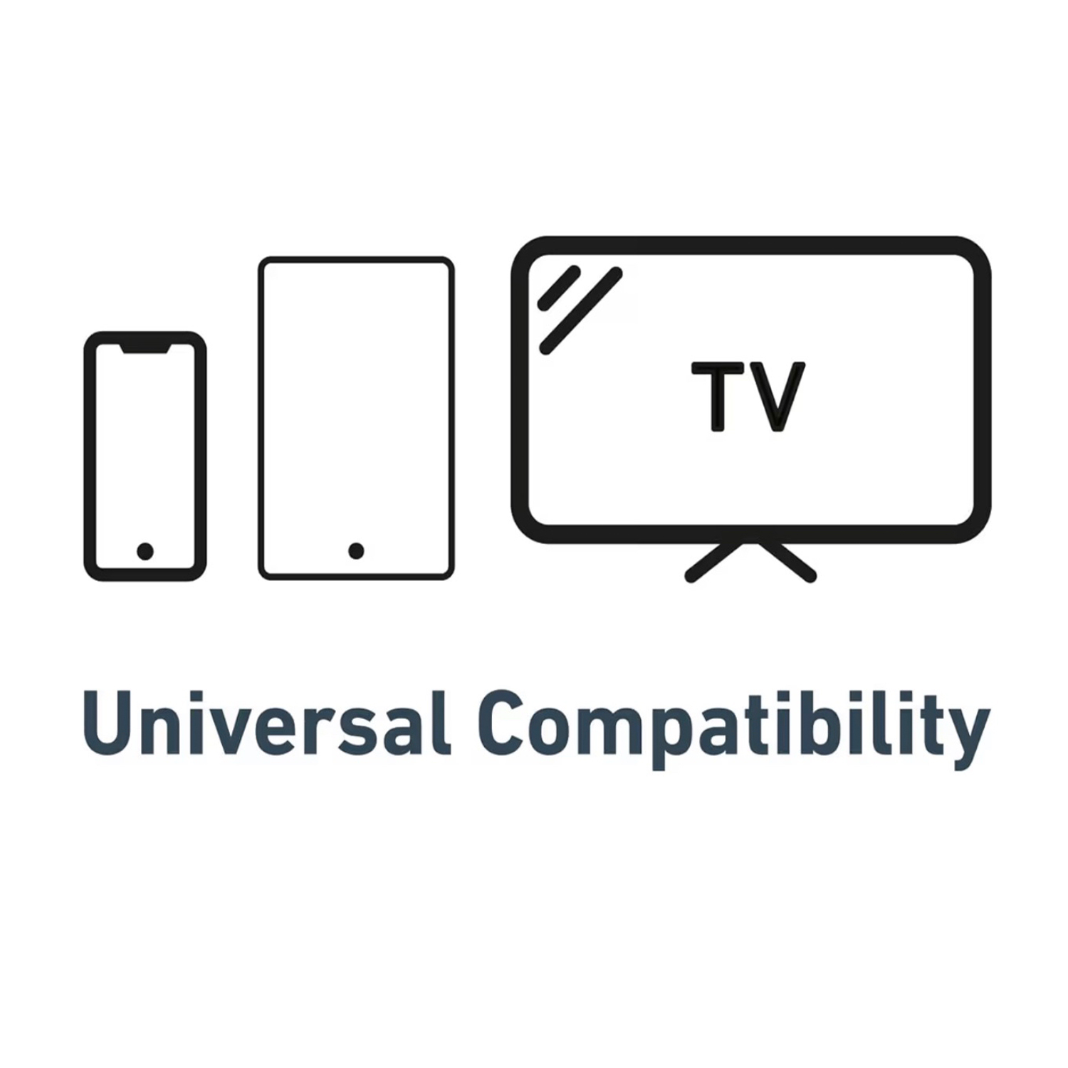 Icone di smartphone, tablet e TV con testo "Compatibilità Universale".