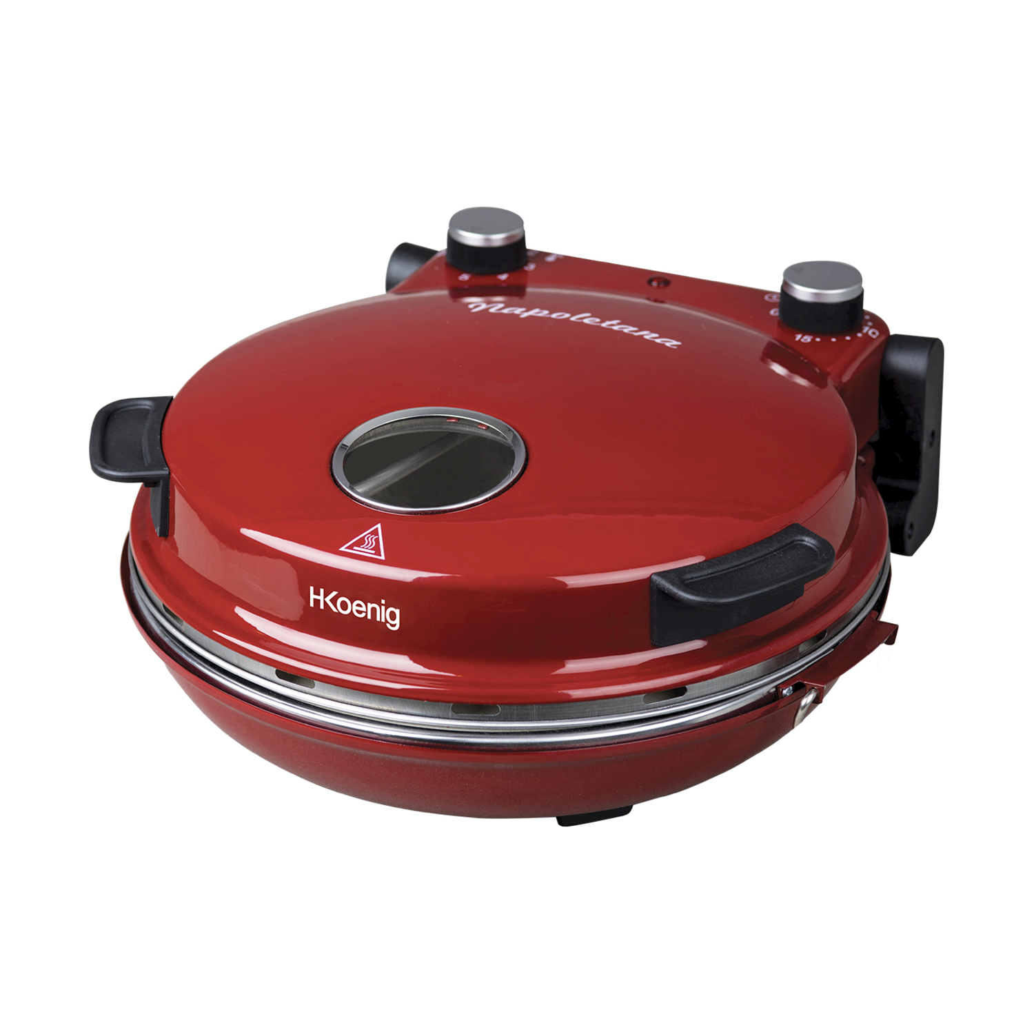 Forno per pizza rosso con manopole e manici argentati, su sfondo bianco.