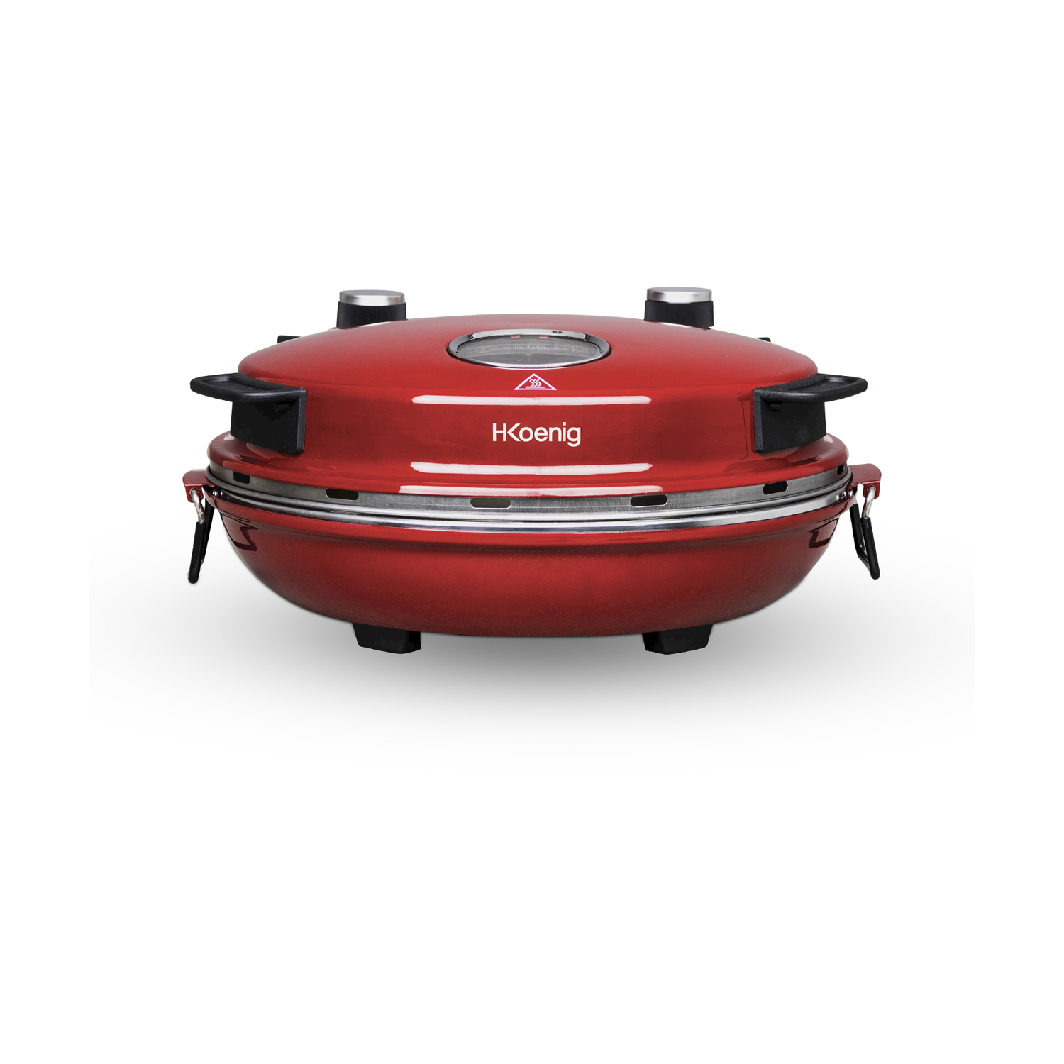 Un forno per pizza rosso con logo HKoenig e manici neri.