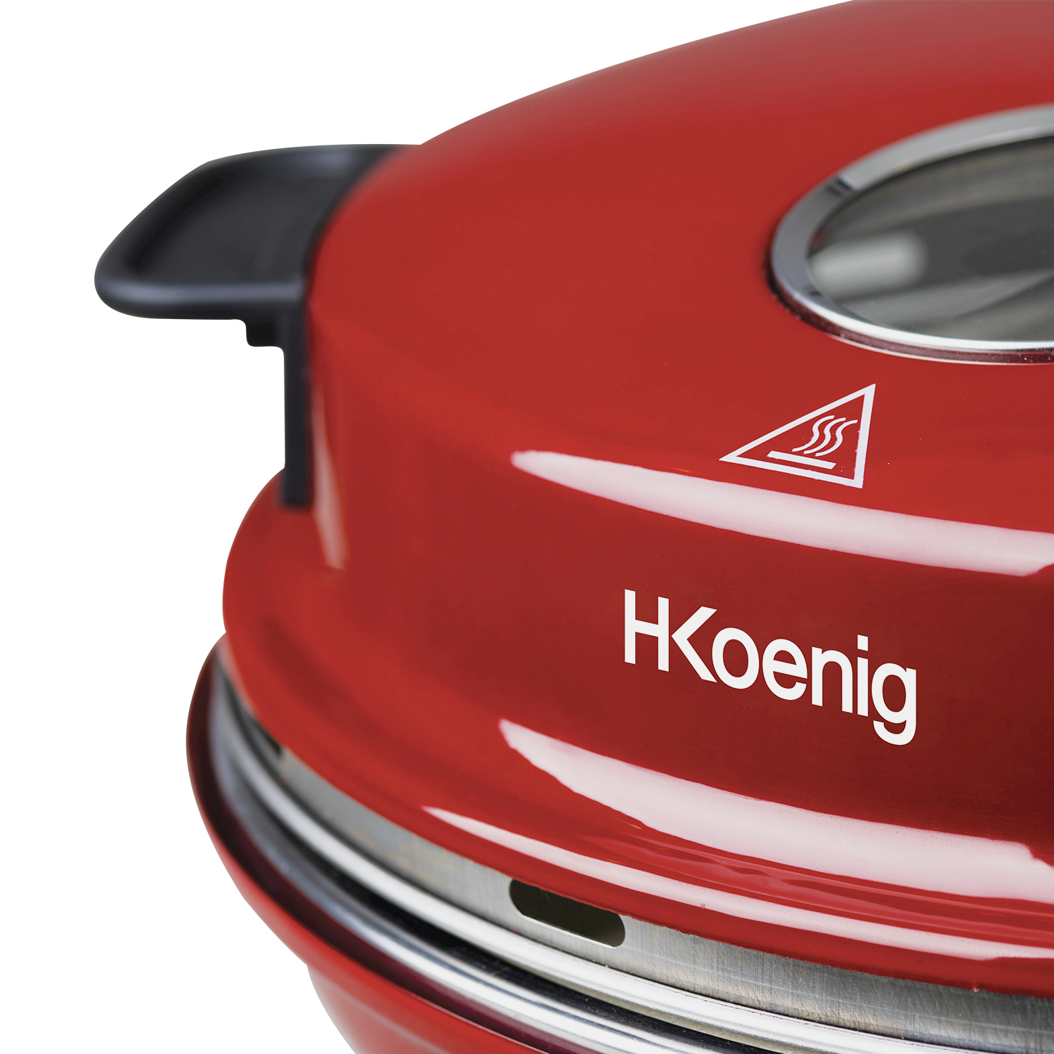 Forno per pizza rosso con logo HKoenig, oblò e simbolo di avviso calore.