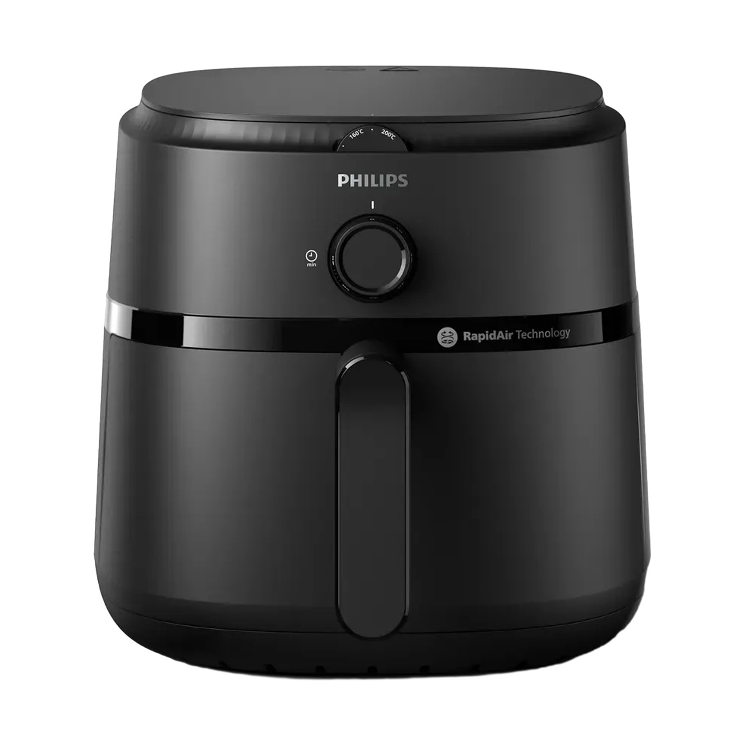 Friggitrice ad aria nera Philips con manico e manopole argentate.