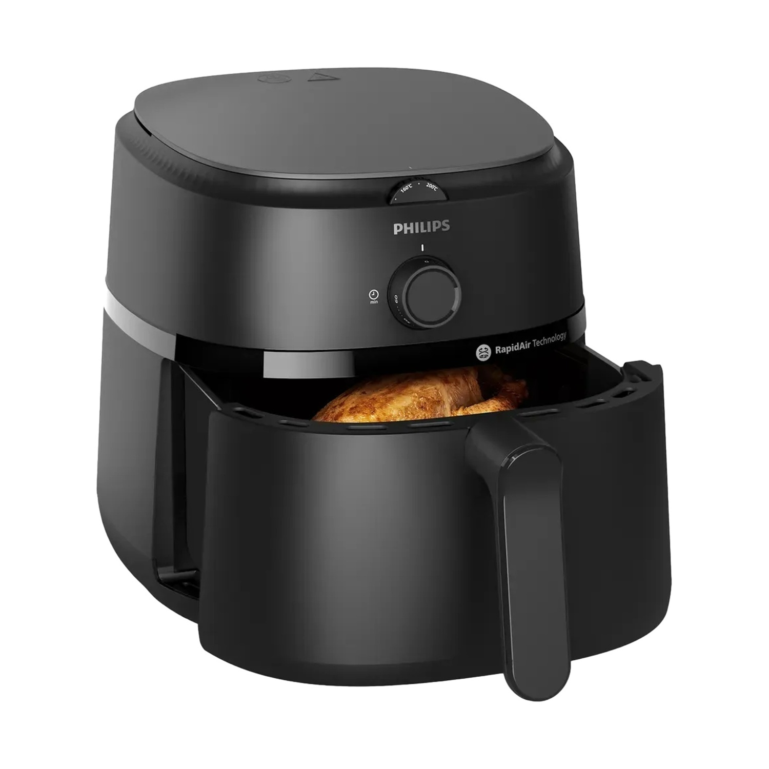 Friggitrice ad aria Philips nera con pollo cotto nel cestello.