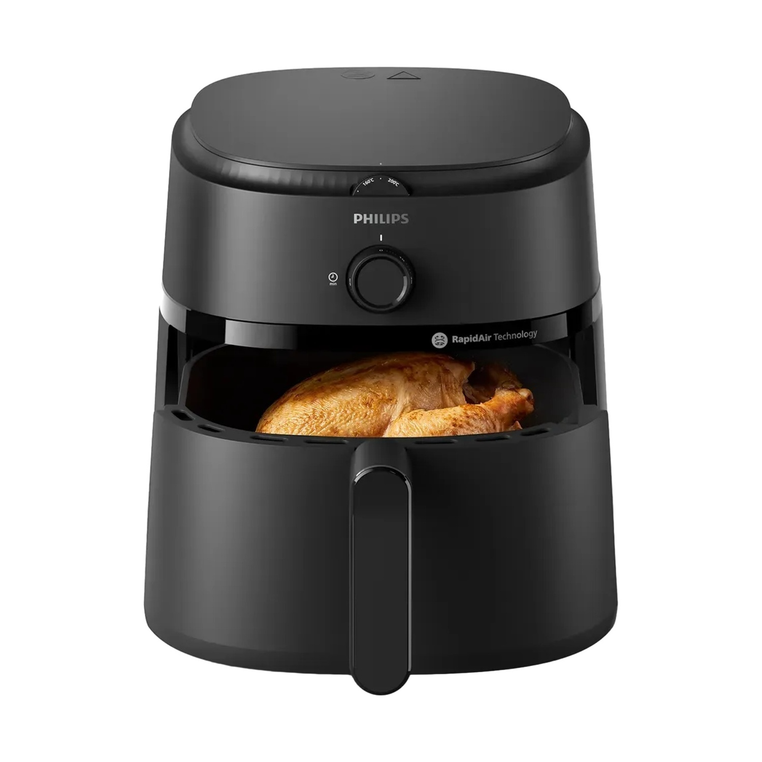 Friggitrice ad aria Philips nera con pollo cotto all'interno.