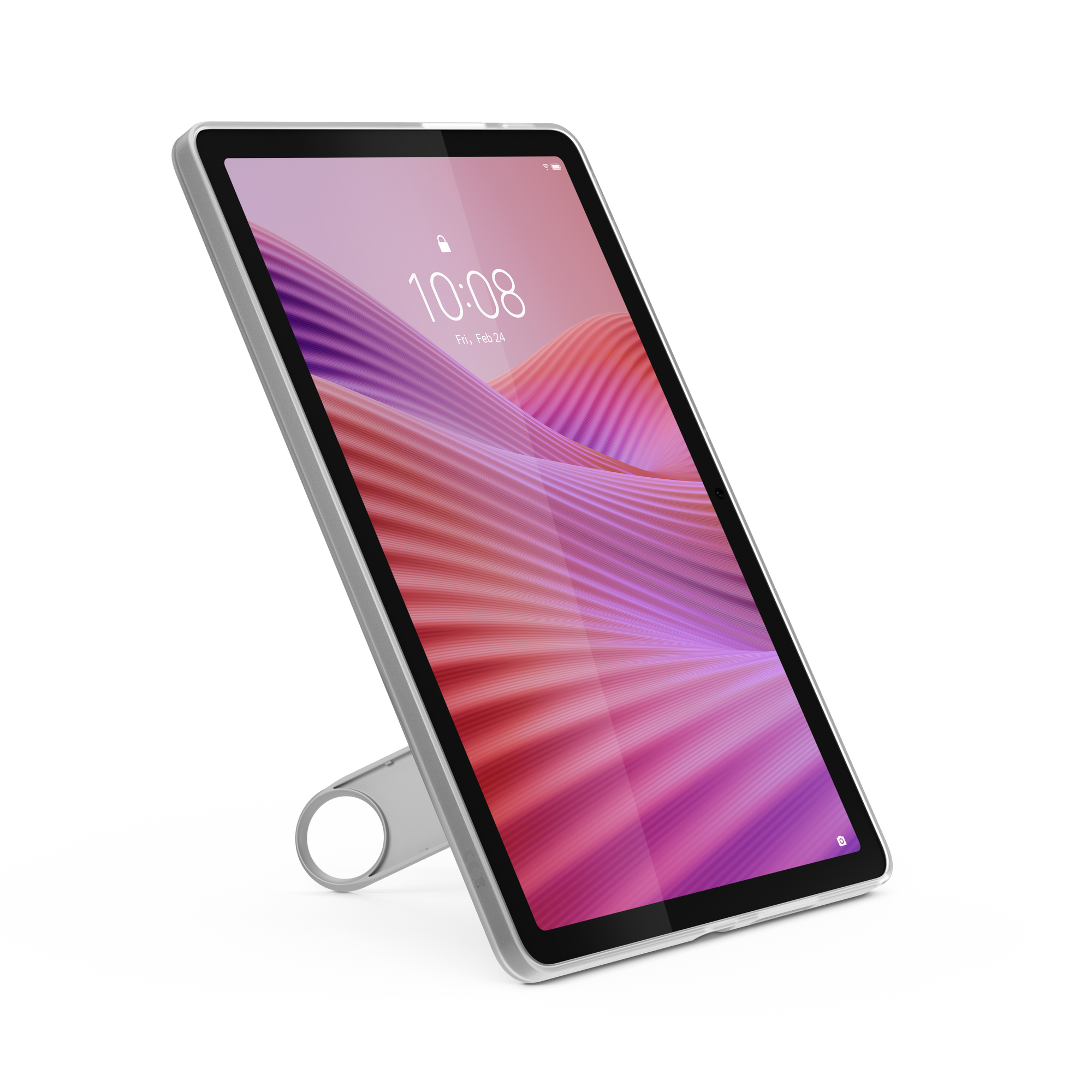 Srebrny tablet podparty stojakiem, wyświetla ekran blokady z godziną i datą.