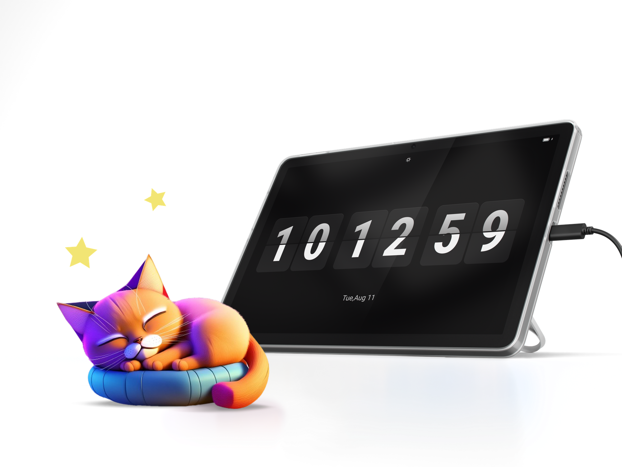 Pomarańczowy kot śpi na niebieskiej poduszce obok tabletu pokazującego 10:12:59.