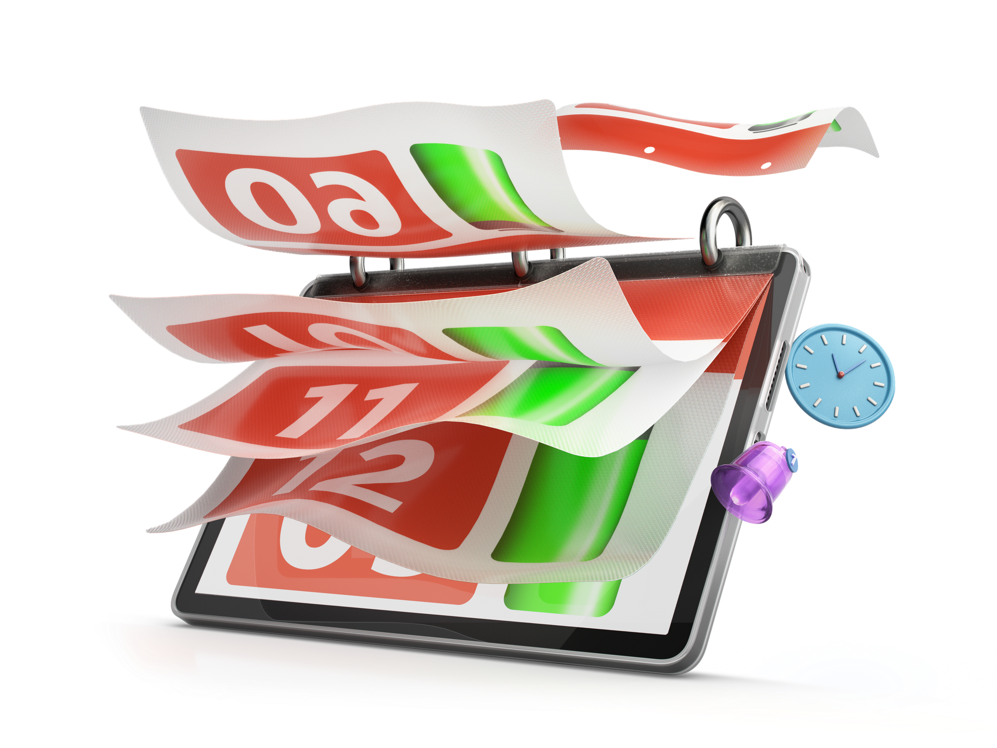 Kalendarz z otwartymi stronami, zegarem i dzwonkiem na czarnym tle.