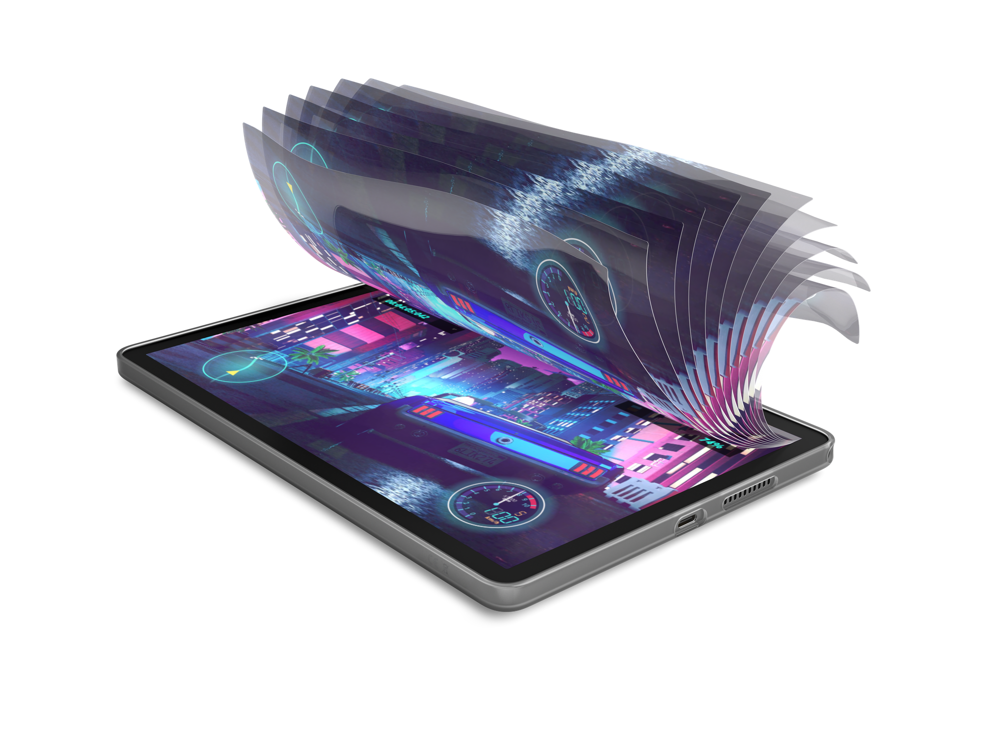 Tablet wyświetlający futurystyczną grę wyścigową. Strony przewijają się na ekranie.