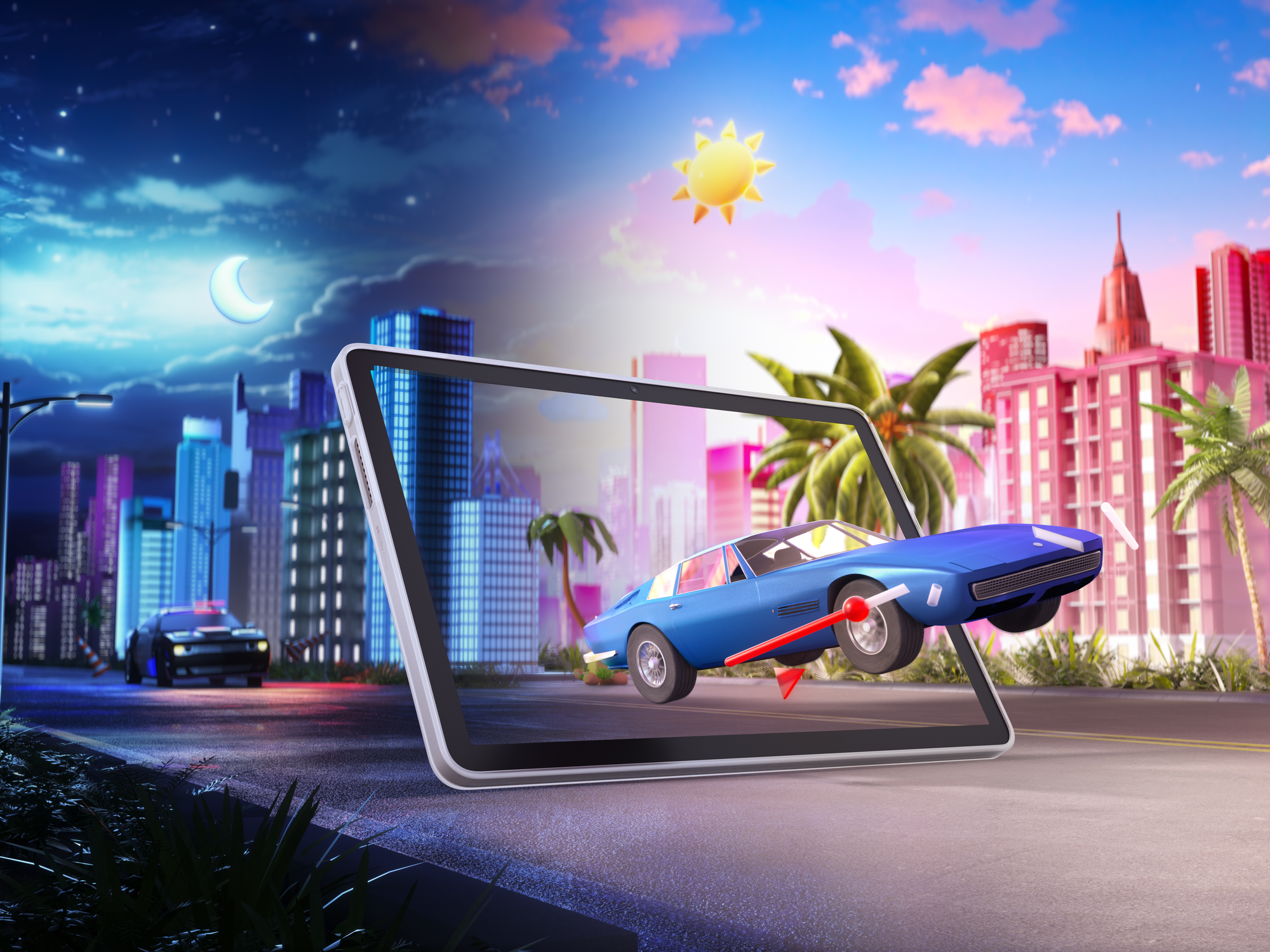 Niebieski klasyczny samochód unosi się nad tabletem przed miejskim krajobrazem dnia i nocy.