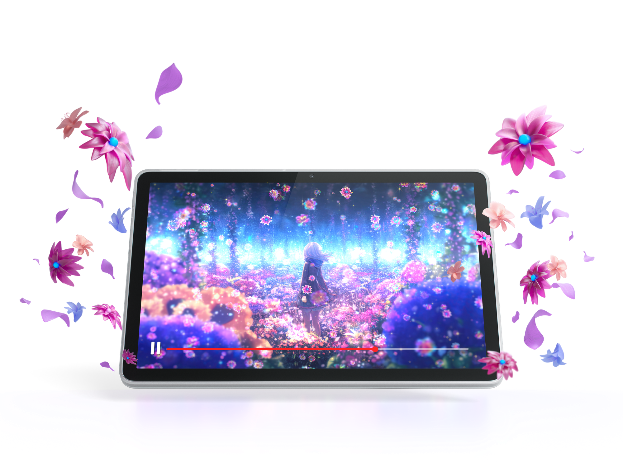 Tablet pokazuje postać anime w morzu kwiatów, otoczoną latającymi kwiatami.