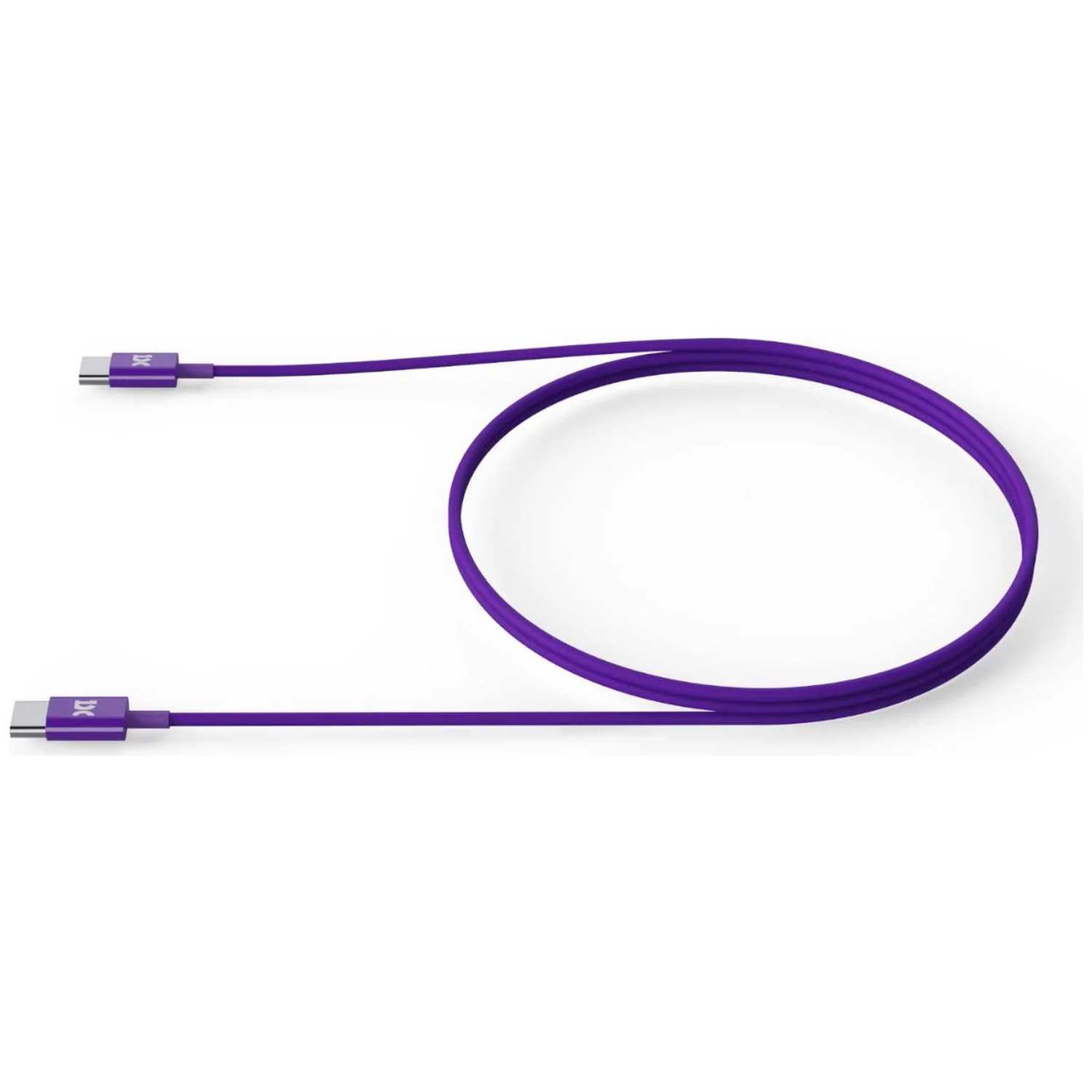 A purple USB-C cable with silver connectors, on a white background.