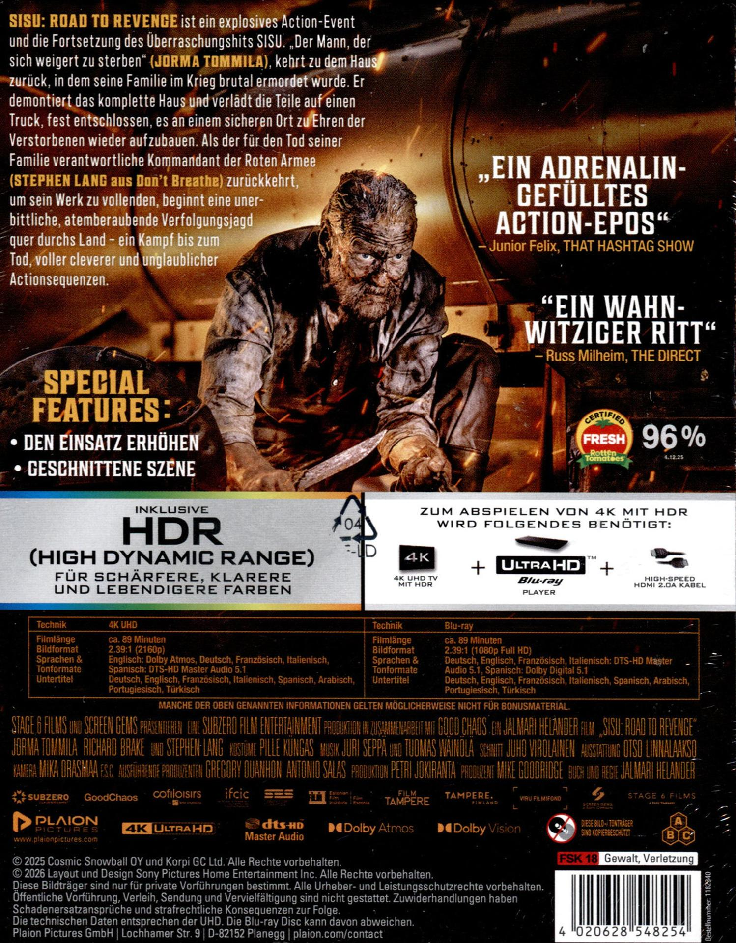 Filmplakat für 'Sisu: Road to Revenge' mit einem Mann in Kleidung, der eine Axt hält.