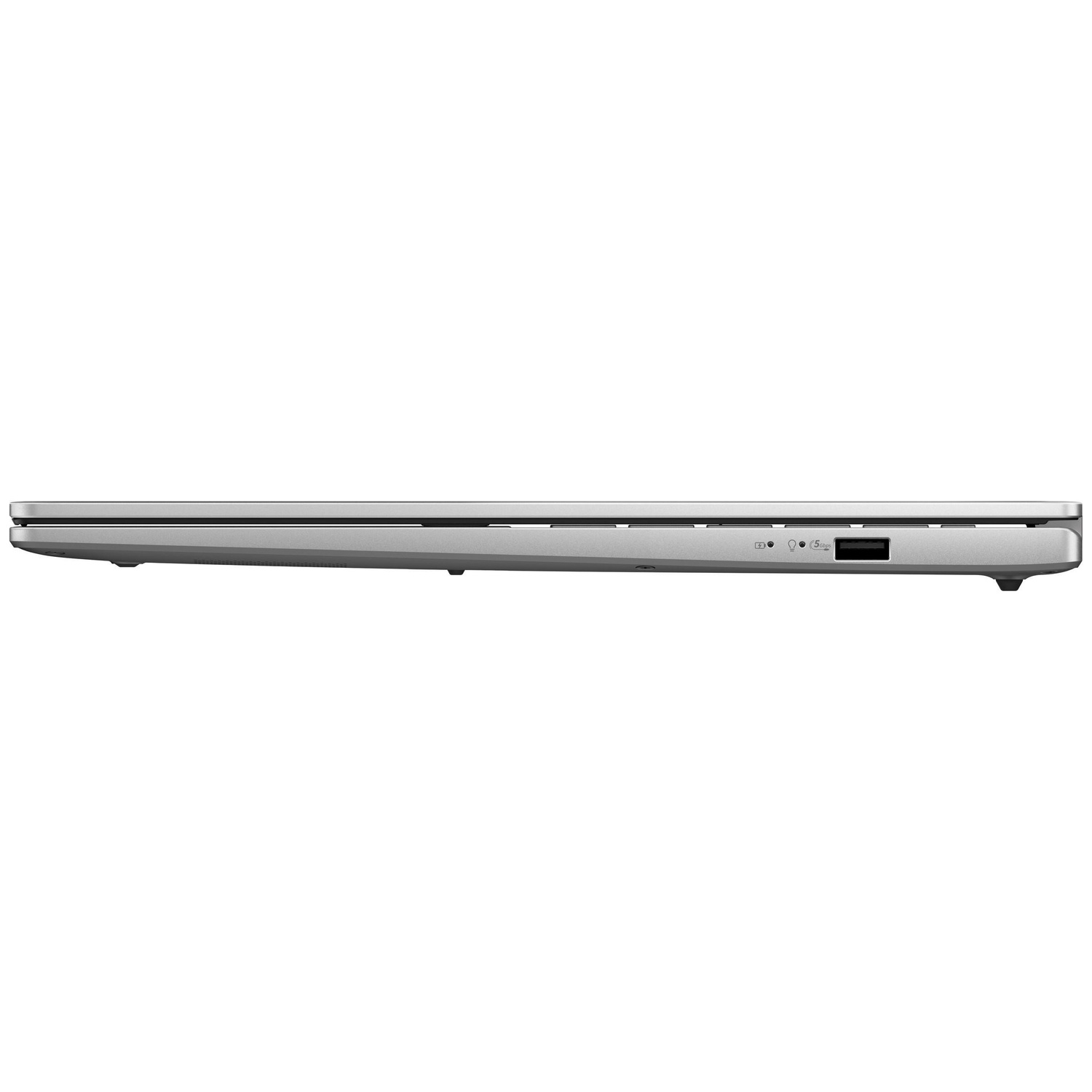 Side view of a slim silver laptop showing ports.