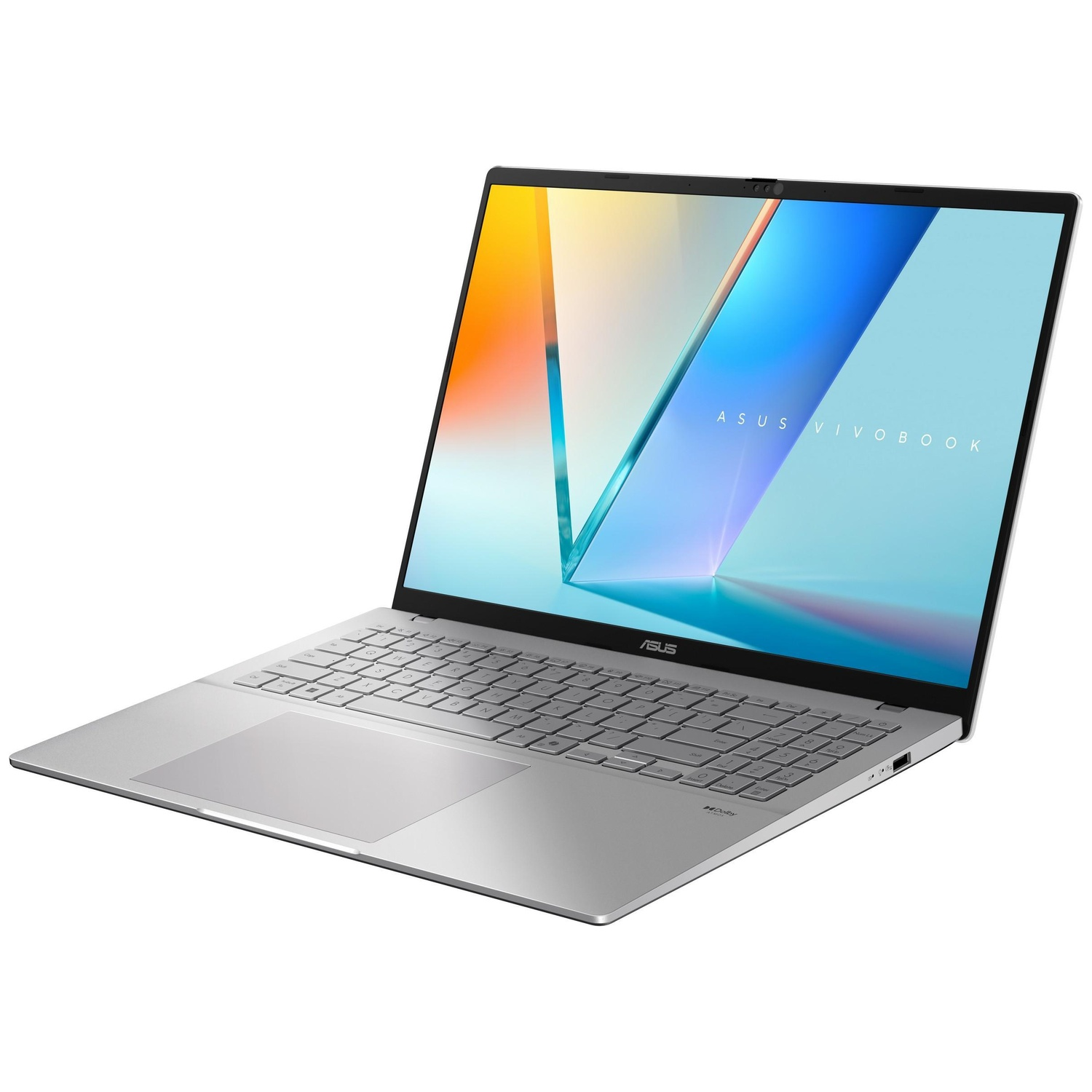 A silver Asus Vivobook laptop featuring a backlit keyboard and grey touchpad.