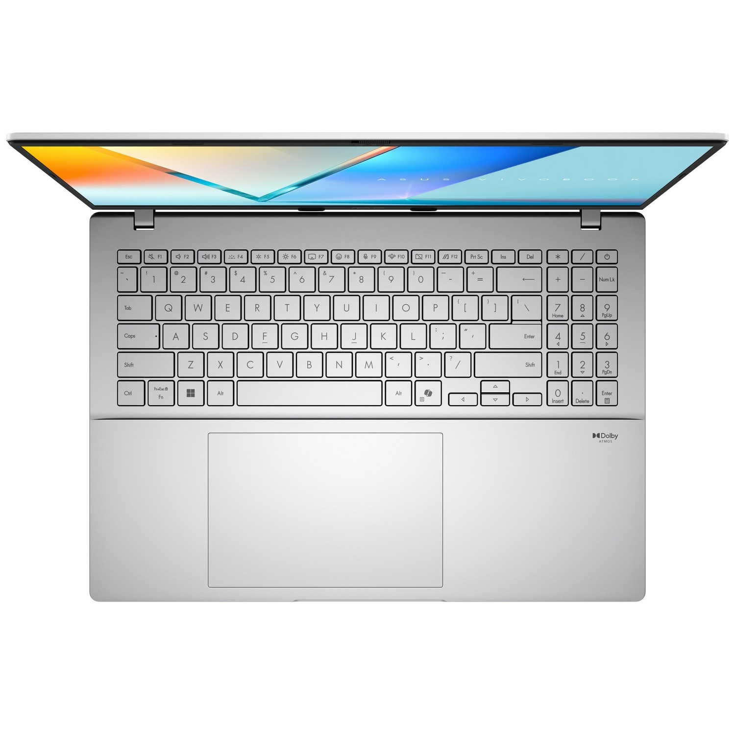 A silver laptop with the lid open, showing a colorful abstract wallpaper on screen.