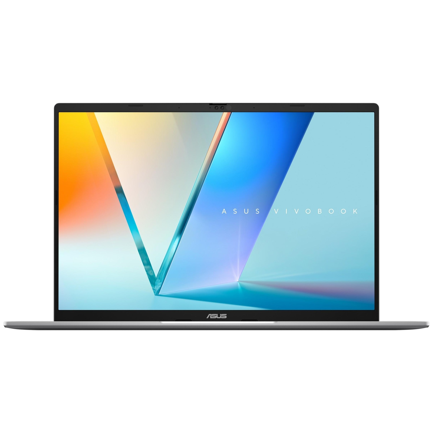 A silver laptop with a vibrant wallpaper displayed on its screen.