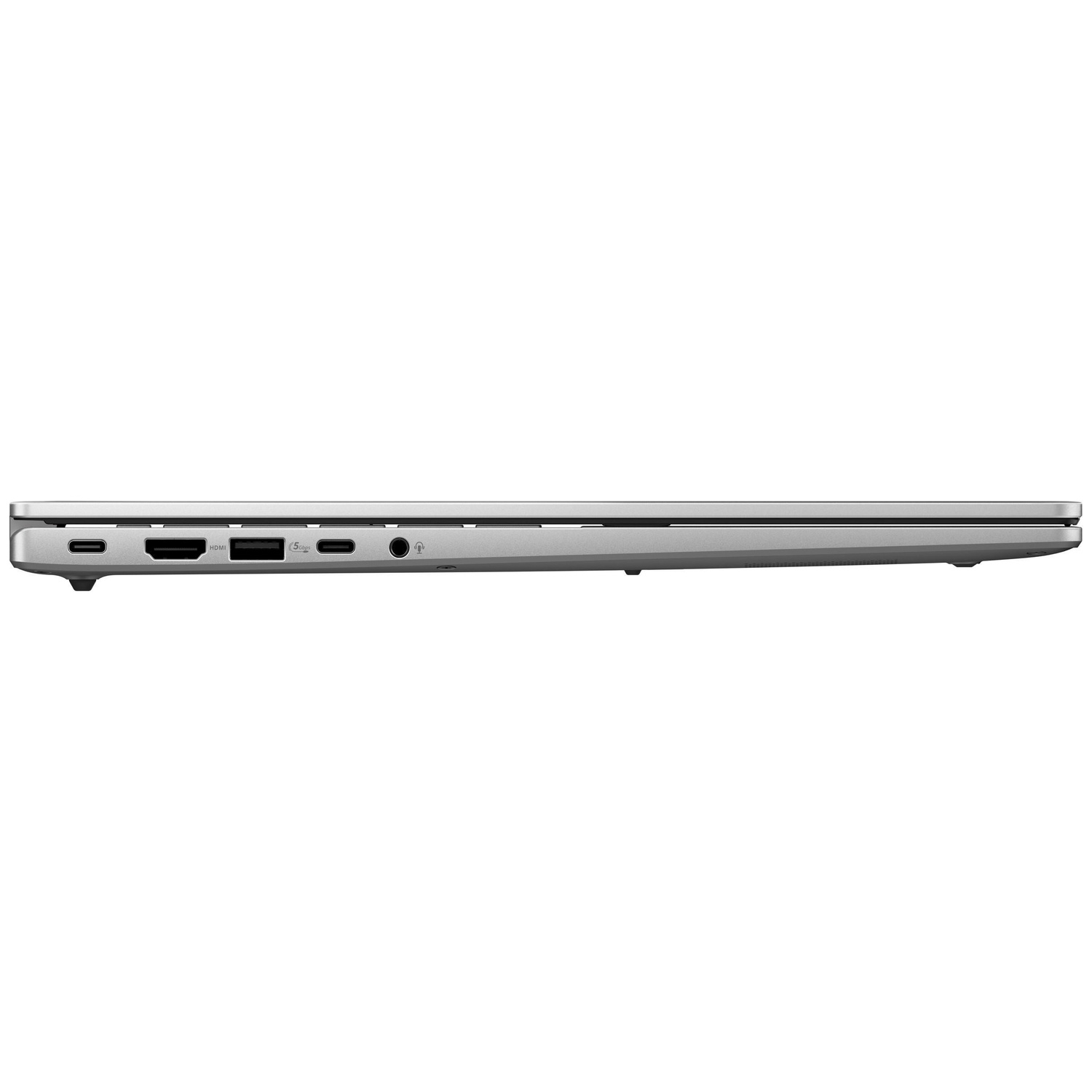 Silver laptop side view, showing USB-C, HDMI, USB-A, and audio ports.