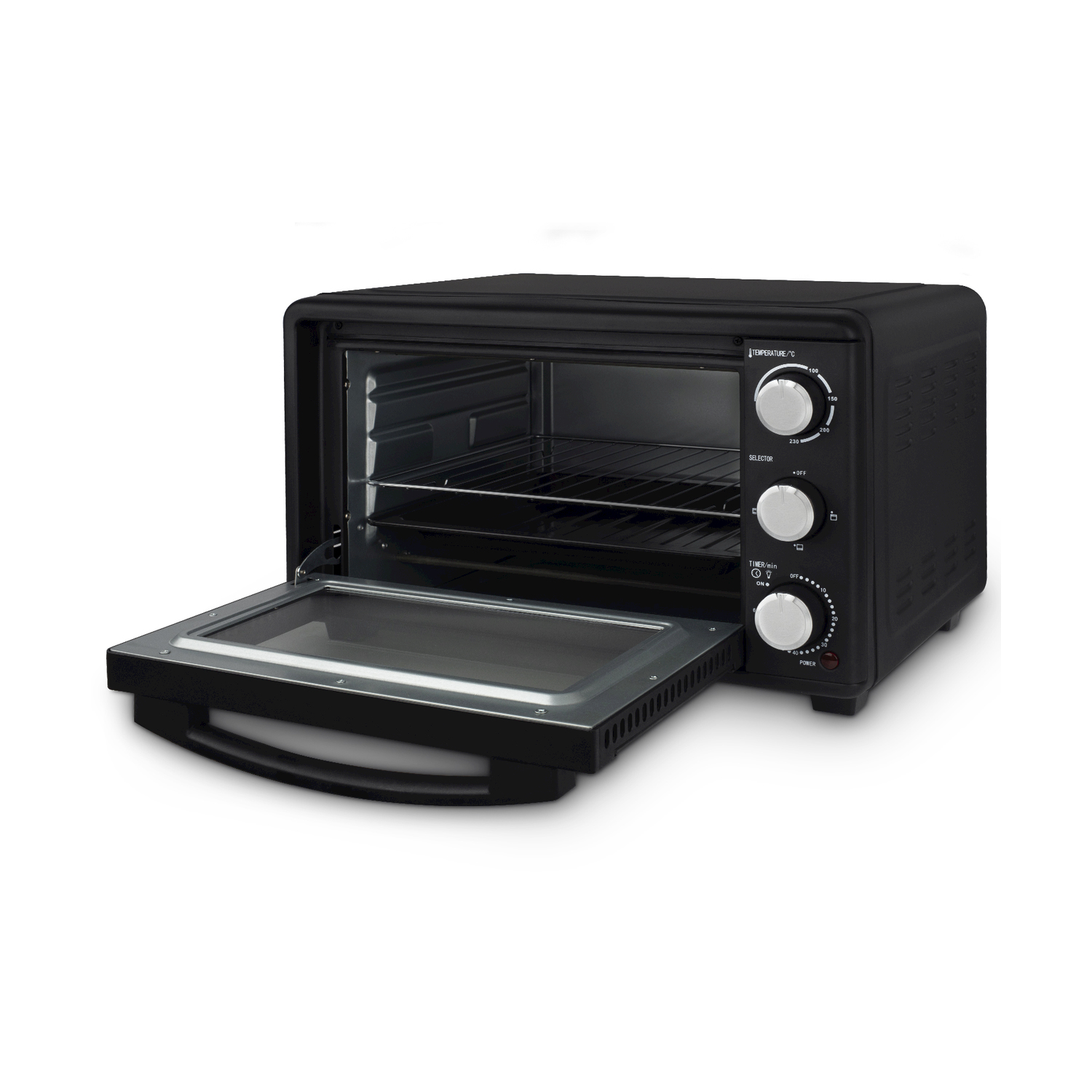 Forno nero da banco con porta aperta, che mostra i controlli di temperatura e timer.
