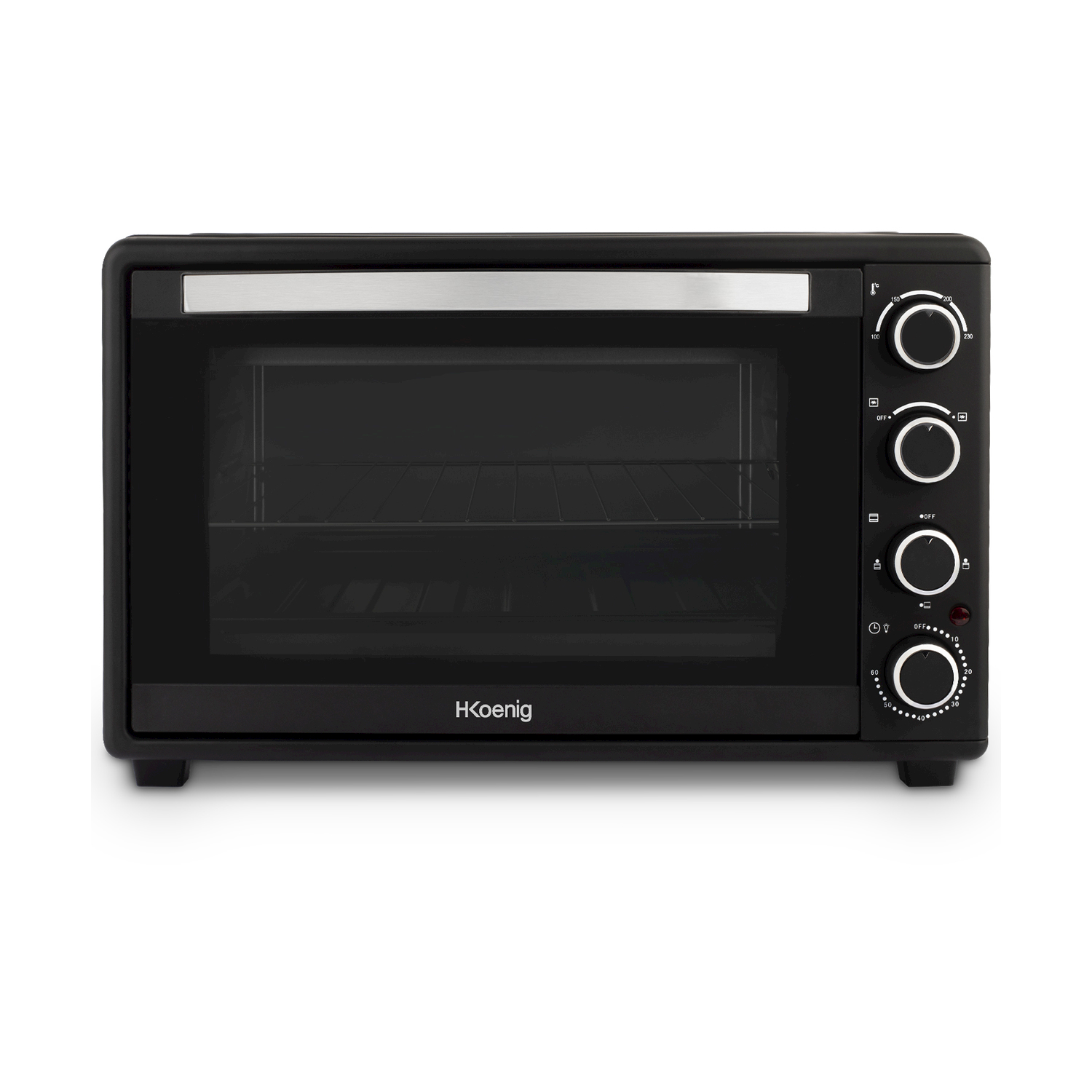 Un forno nero da banco con maniglia argentata sopra la porta a vetro e quattro manopole.