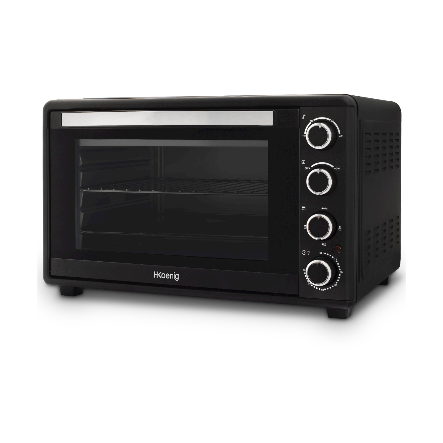 Forno nero da banco con porta in vetro, due griglie e manopole.