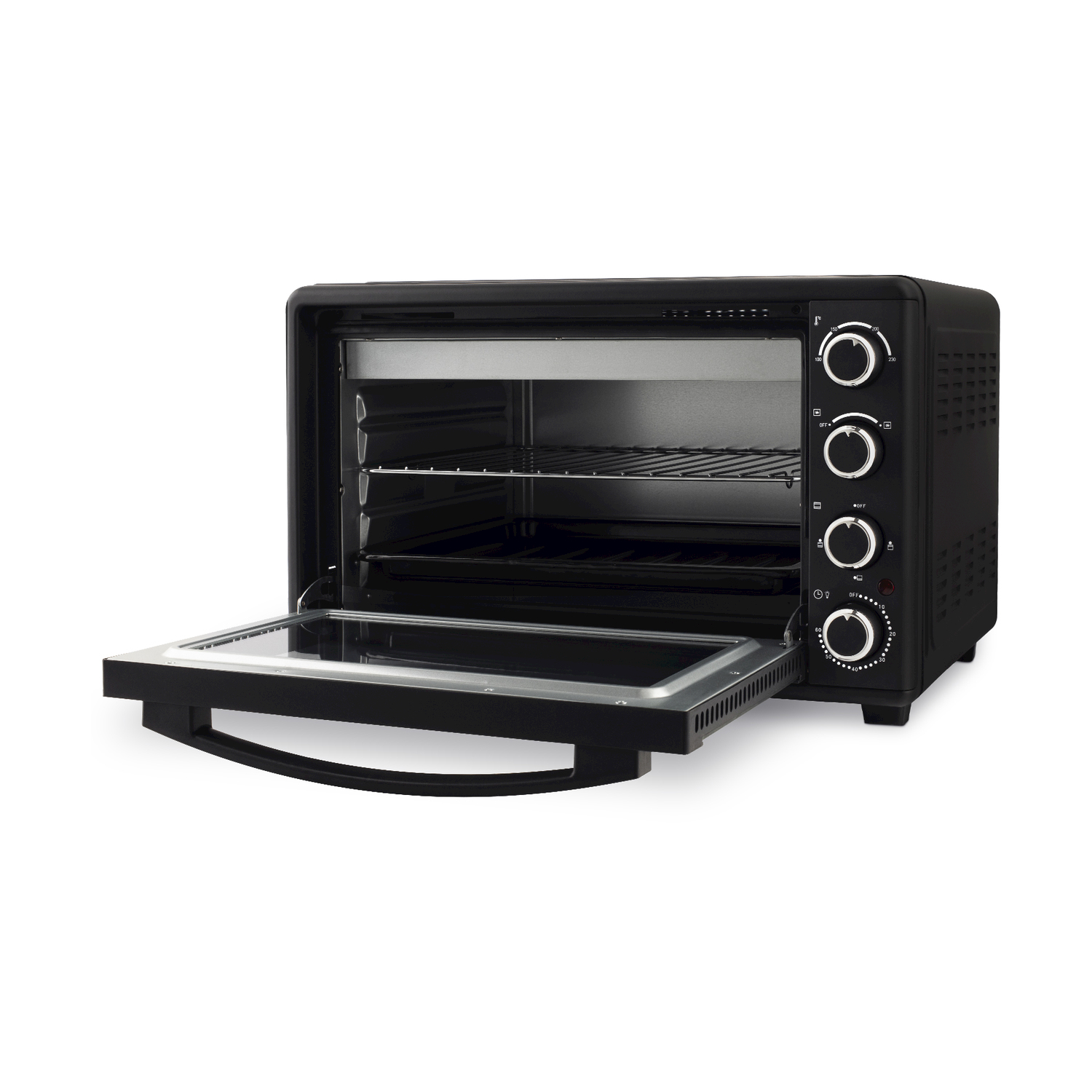 Forno nero da banco con porta in vetro aperta e manopole argentate.