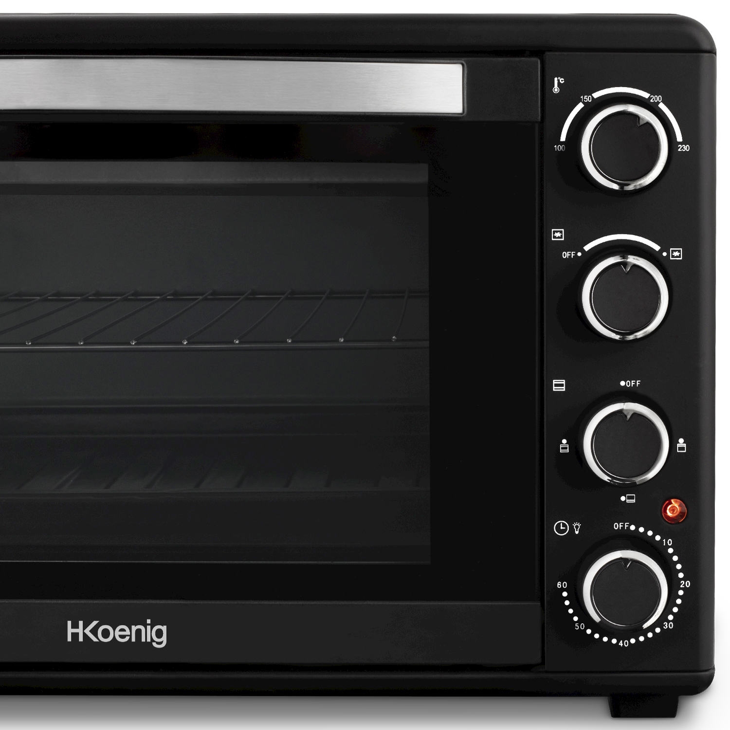 Forno nero da piano con logo HKoenig, selettore temperatura e timer.