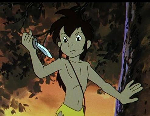 Ein Cartoon-Junge mit Messer im Dschungel.