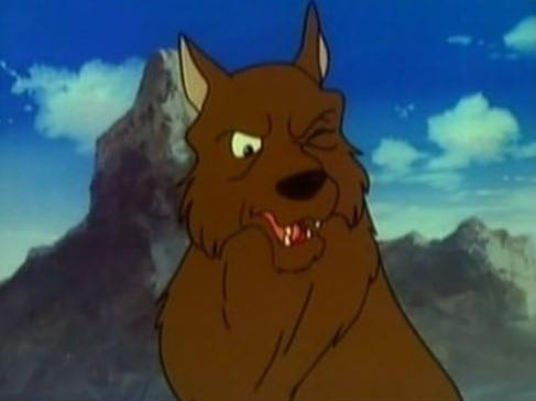 Ein brauner Cartoon-Wolf zwinkert, mit Bergen und blauem Himmel im Hintergrund.