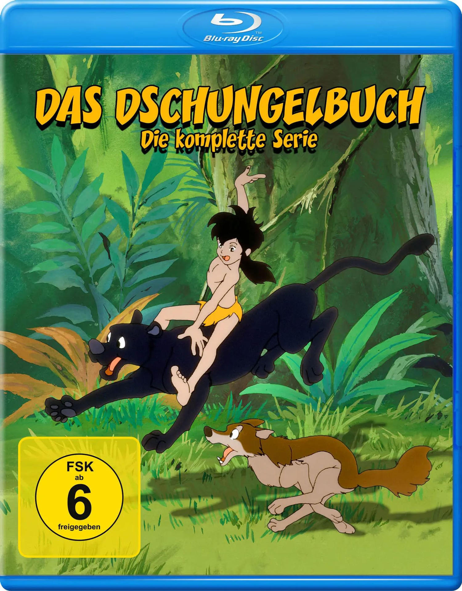 Mowgli reitet auf Bagheera, während Balu im Dschungel rennt. Blu-ray Hülle.