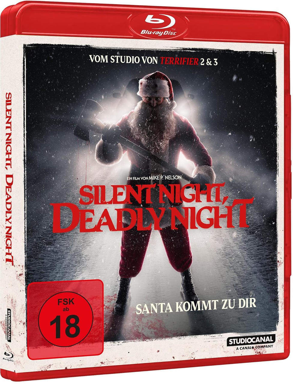 Ein bedrohlicher Weihnachtsmann mit Axt, auf einem Blu-ray-Cover.