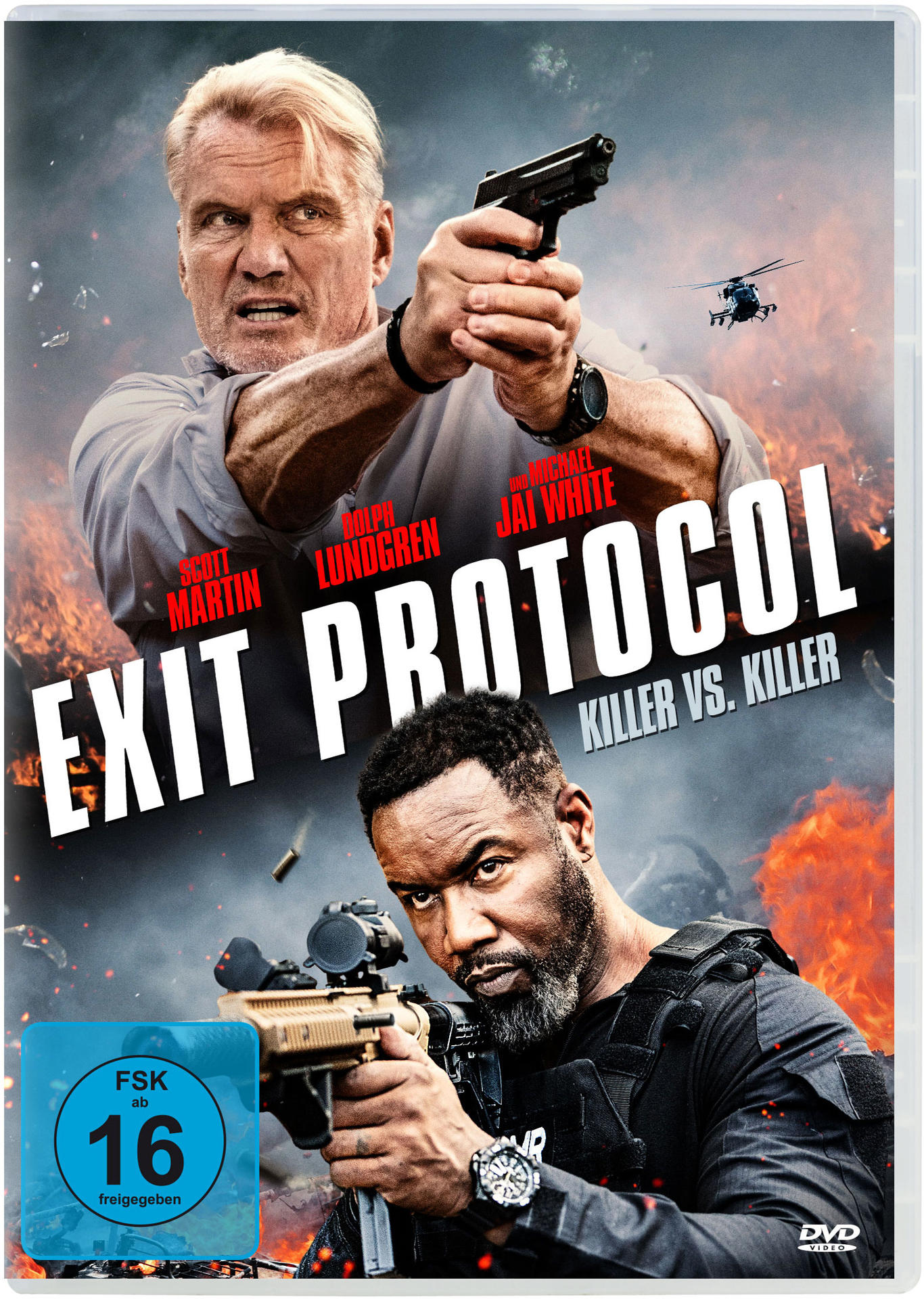 Zwei Männer mit Waffen und ein Hubschrauber vor Flammen. Der Filmtitel ist Exit Protocol.