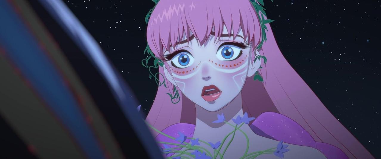Ein Anime-Mädchen mit rosa Haaren und blauen Augen im Weltraum.