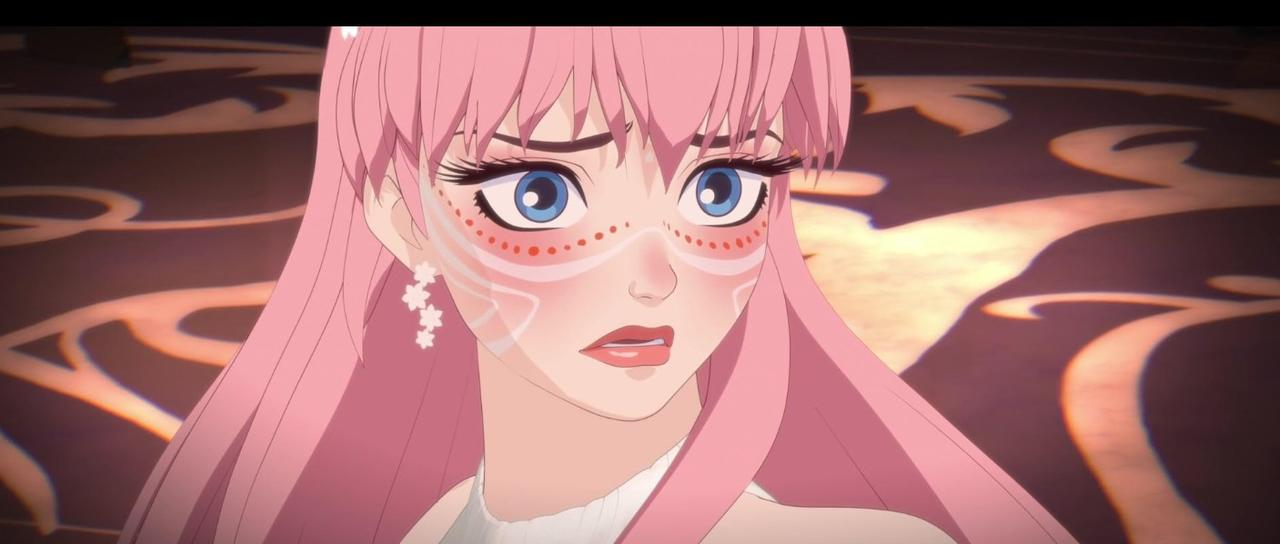 Anime-Mädchen mit rosa Haaren, blauen Augen und Gesichtsmalerei.
