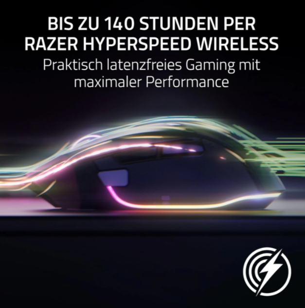 Eine schwarze Gaming-Maus mit bunten Lichtern und Text über Akkulaufzeit.