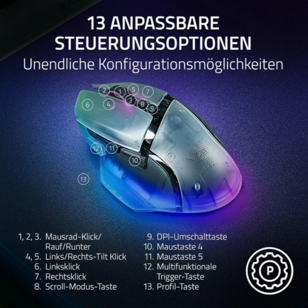 Razer Gaming-Maus mit 13 anpassbaren Tasten und RGB-Beleuchtung.