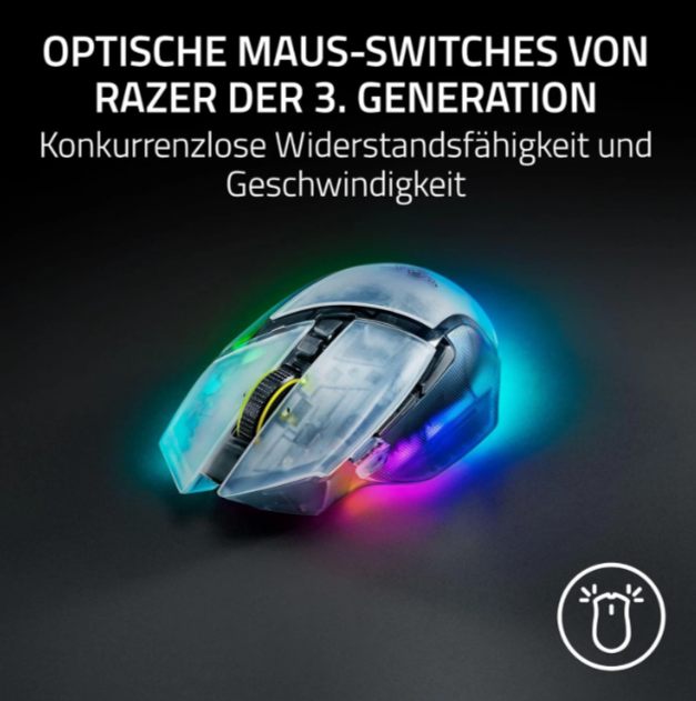 Eine transparente Razer Gaming-Maus mit RGB-Beleuchtung auf schwarzem Hintergrund.