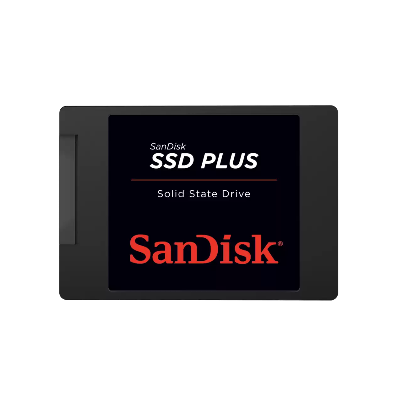 Egy fekete SanDisk SSD PLUS Solid State Drive piros logóval.