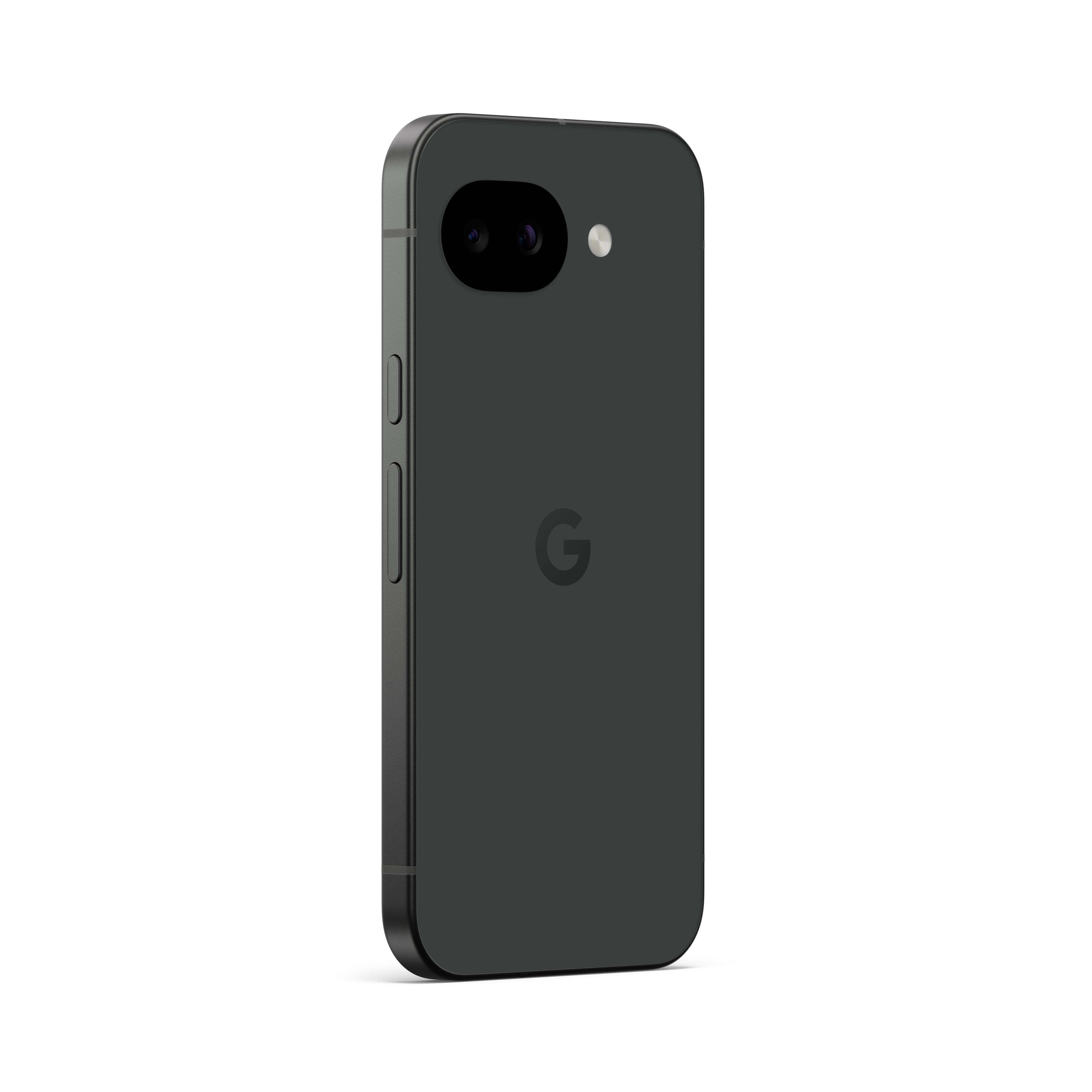 Dunkelgraues Smartphone mit doppelter Kamera und Google-Logo.