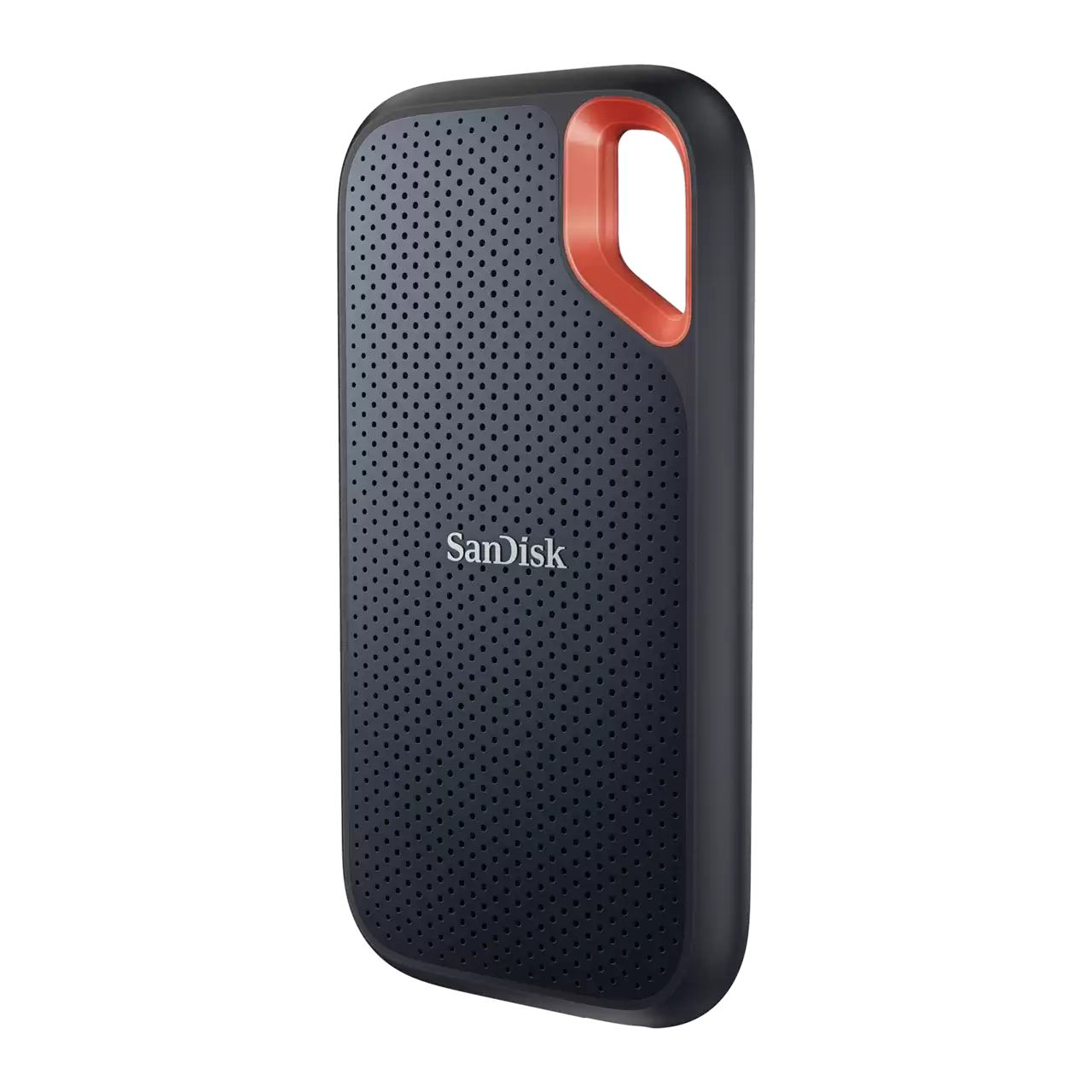 Sötétkék SanDisk SSD narancssárga hurokkal és perforált mintával.