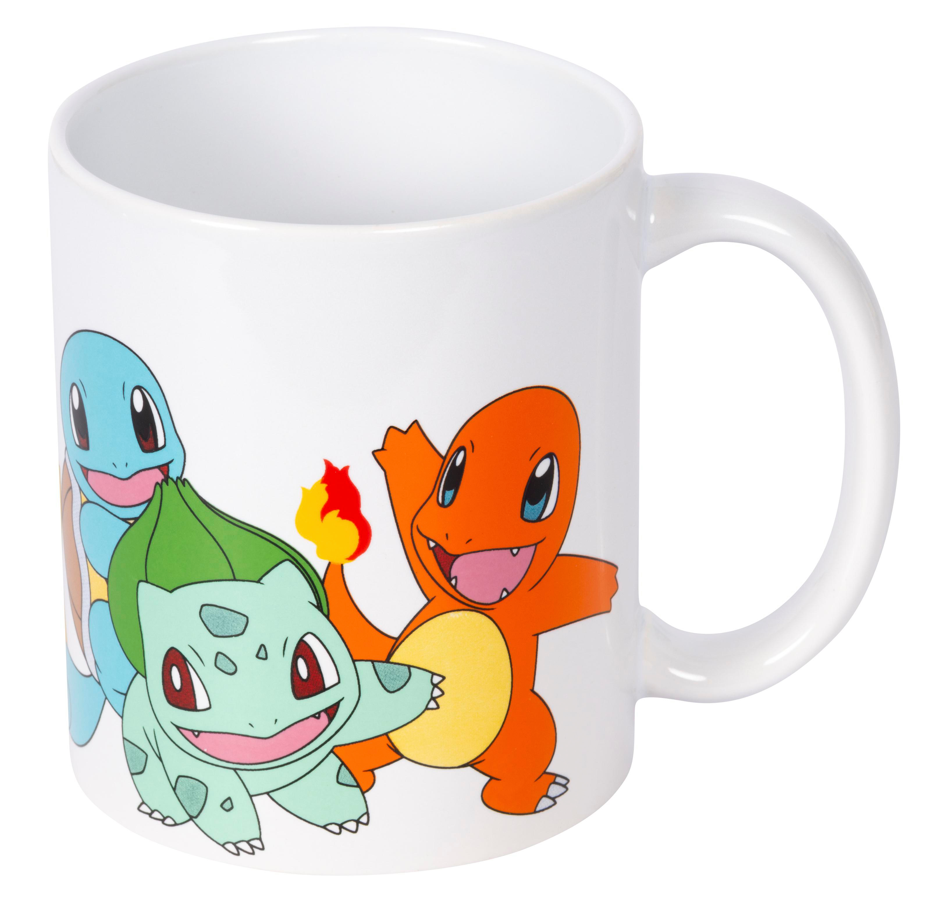 Weiße Tasse mit Pokémon-Figuren: Squirtle, Bulbasaur und Charmander.