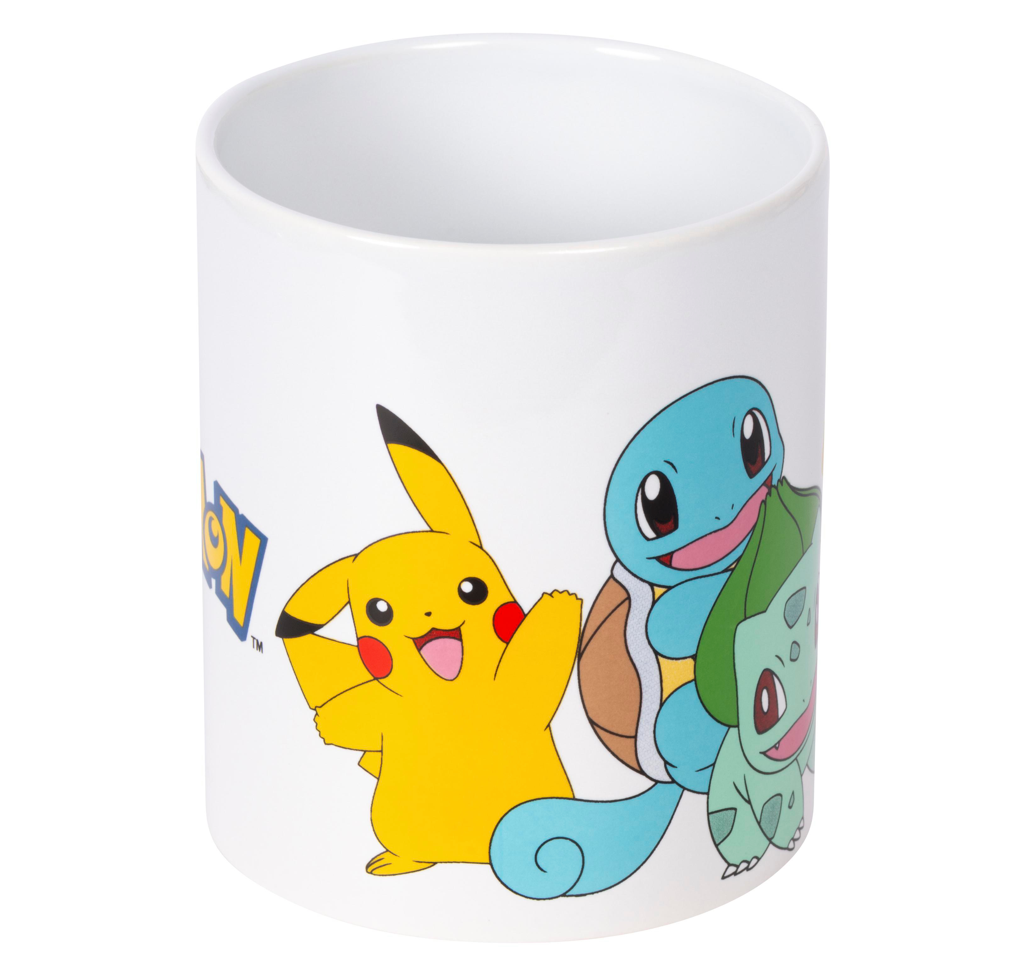 Eine weiße Tasse mit Pikachu, Squirtle und Bulbasaur im Pokémon-Design.