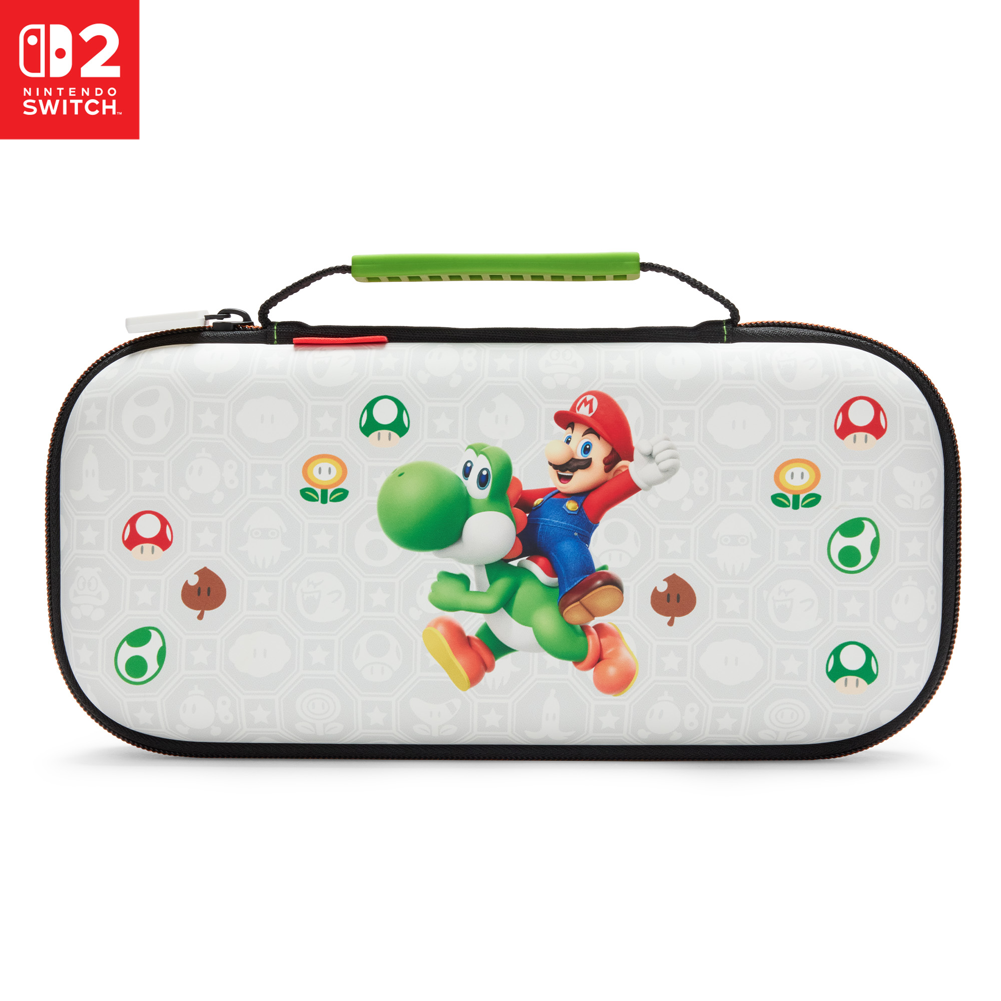 Nintendo Switch Tasche mit Mario und Yoshi, mit Pilz- und Blumenmotiven.