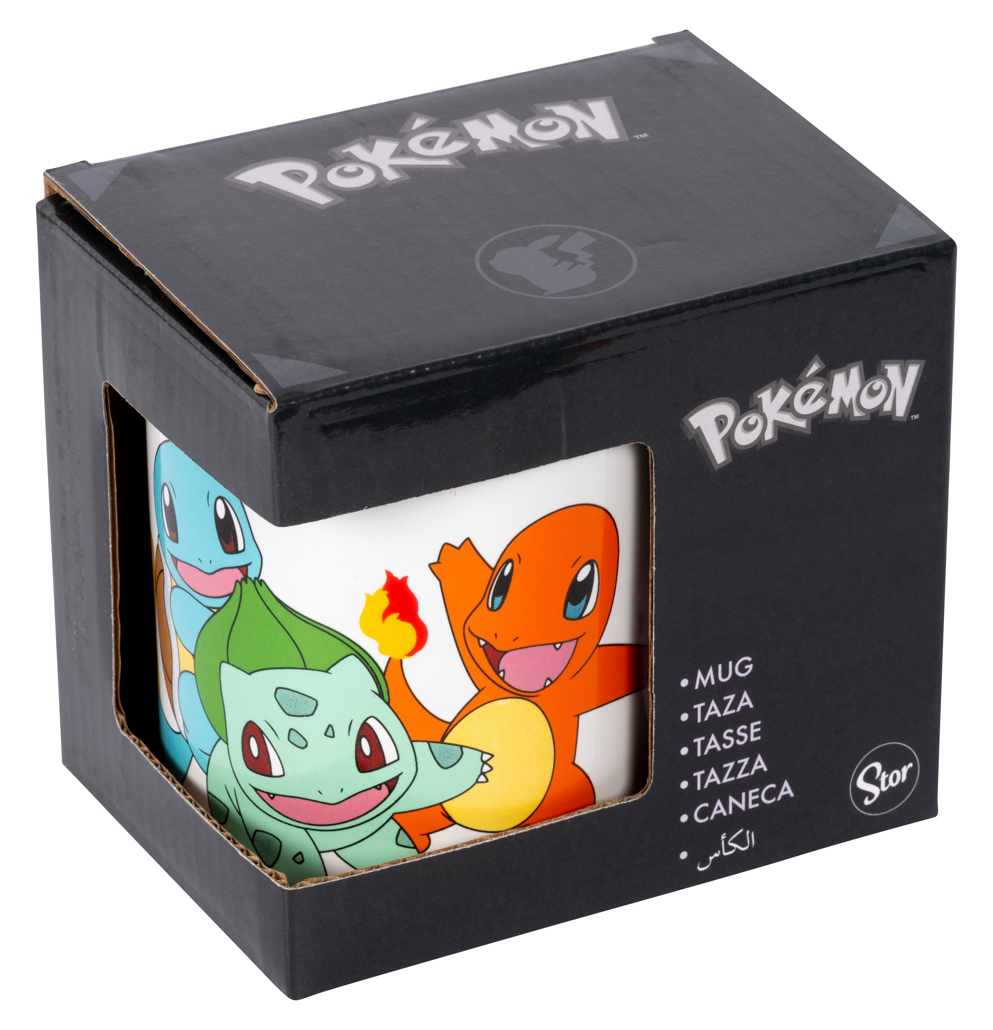 Pokemon Tasse mit Bulbasaur, Squirtle und Charmander in schwarzer Verpackung.