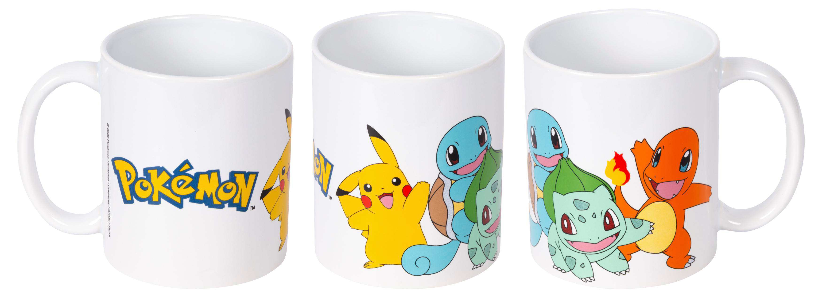 Weiße Tasse mit Pokémon-Logo und Charakteren Pikachu, Squirtle, Bulbasaur und Charmander.