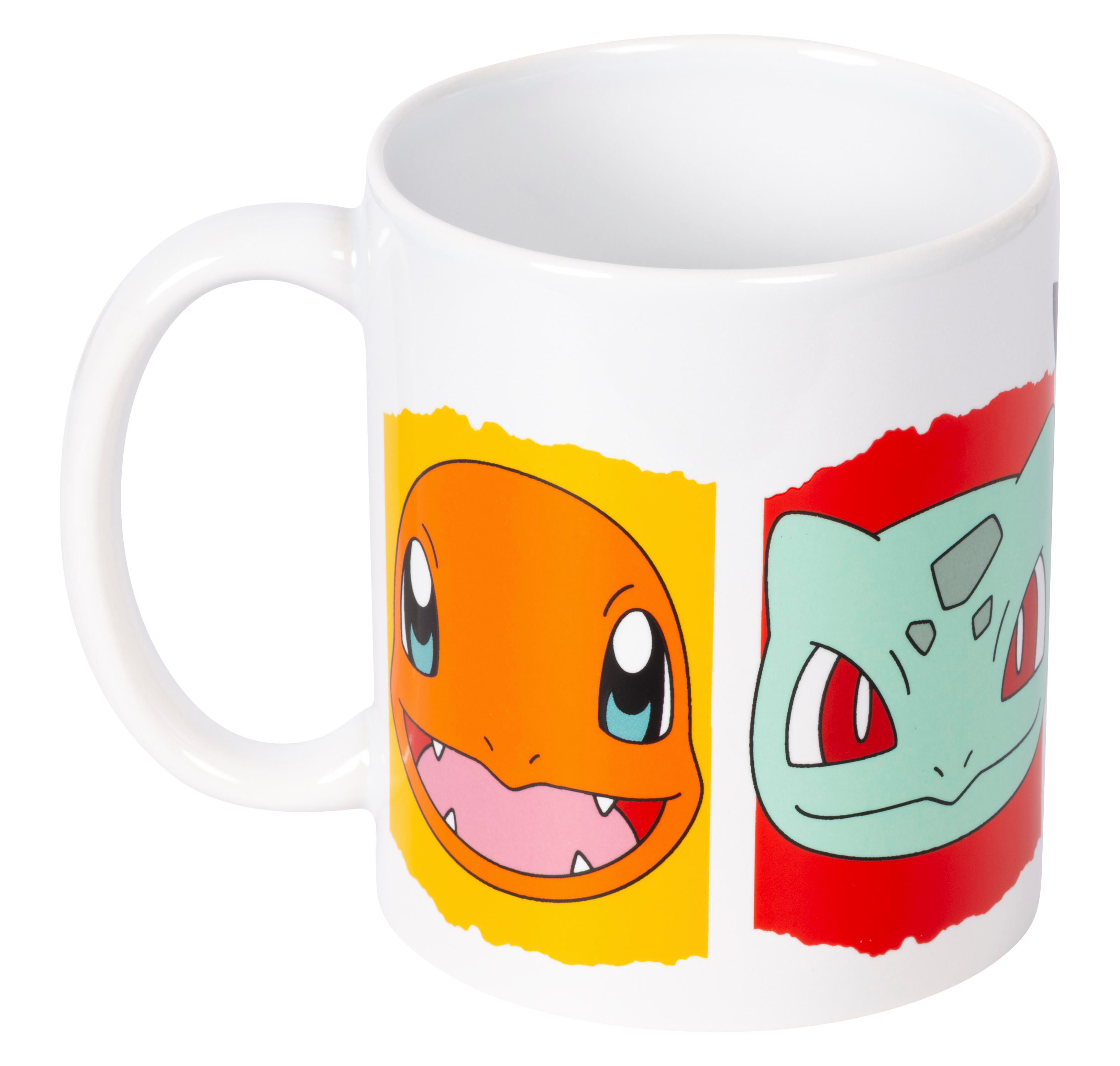 Weiße Tasse mit Pokémon-Aufdruck von Charmander und Bulbasaur.