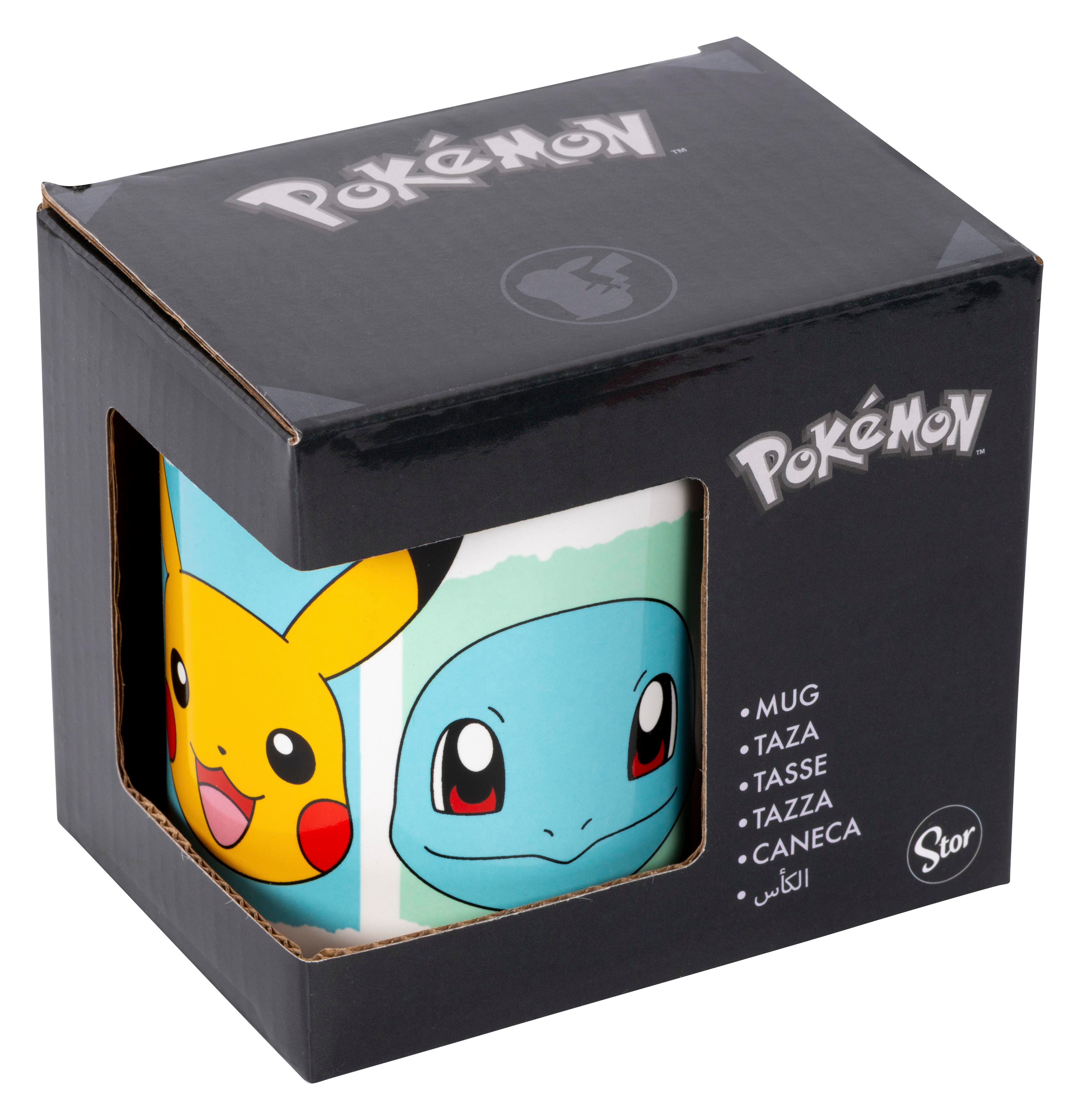 Pokémon-Tasse mit Pikachu und Schiggy auf der Vorderseite in einer schwarzen Box.