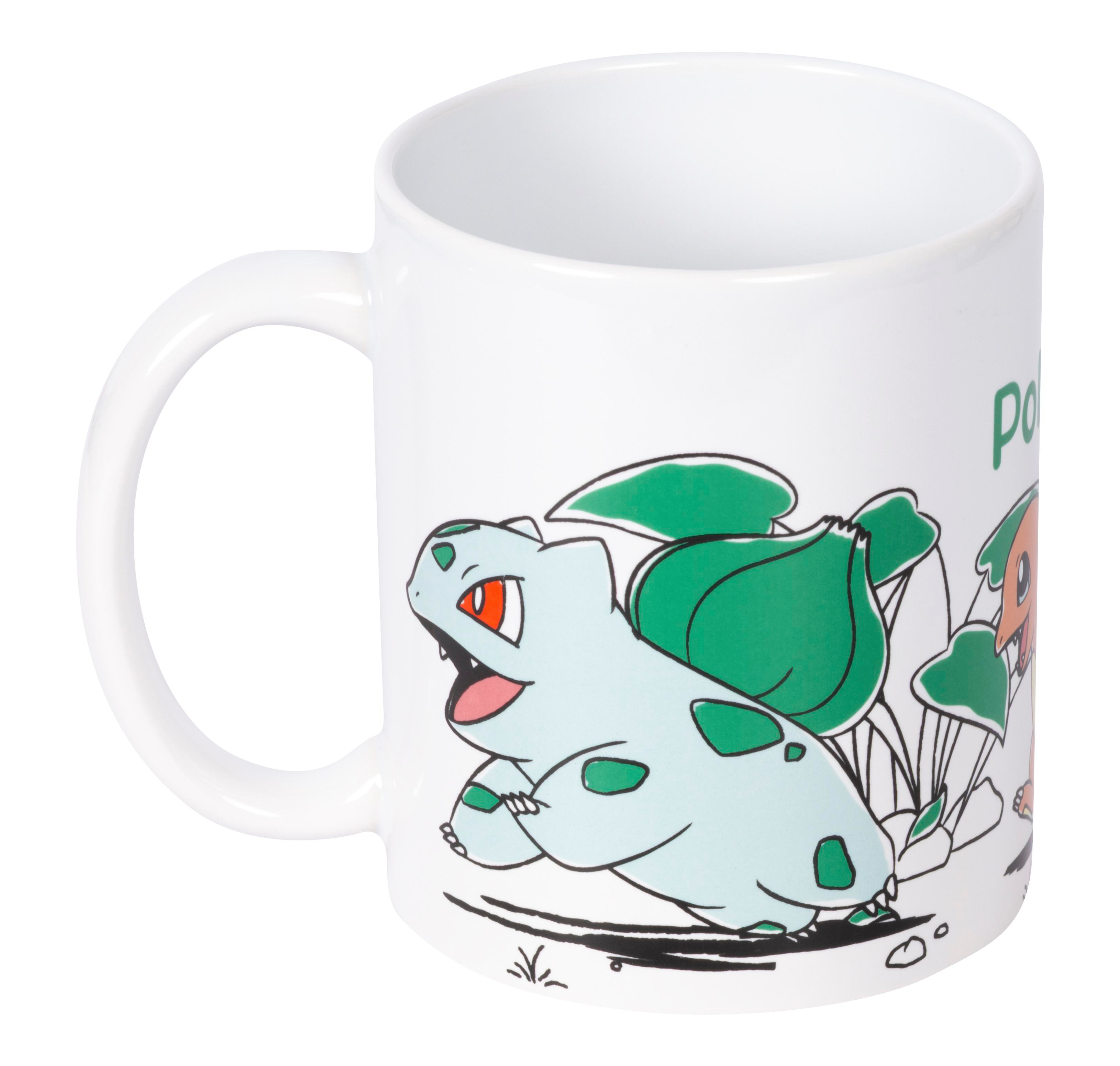 Weiße Tasse mit Pokemon-Illustration von Bulbasaur und Charmander.