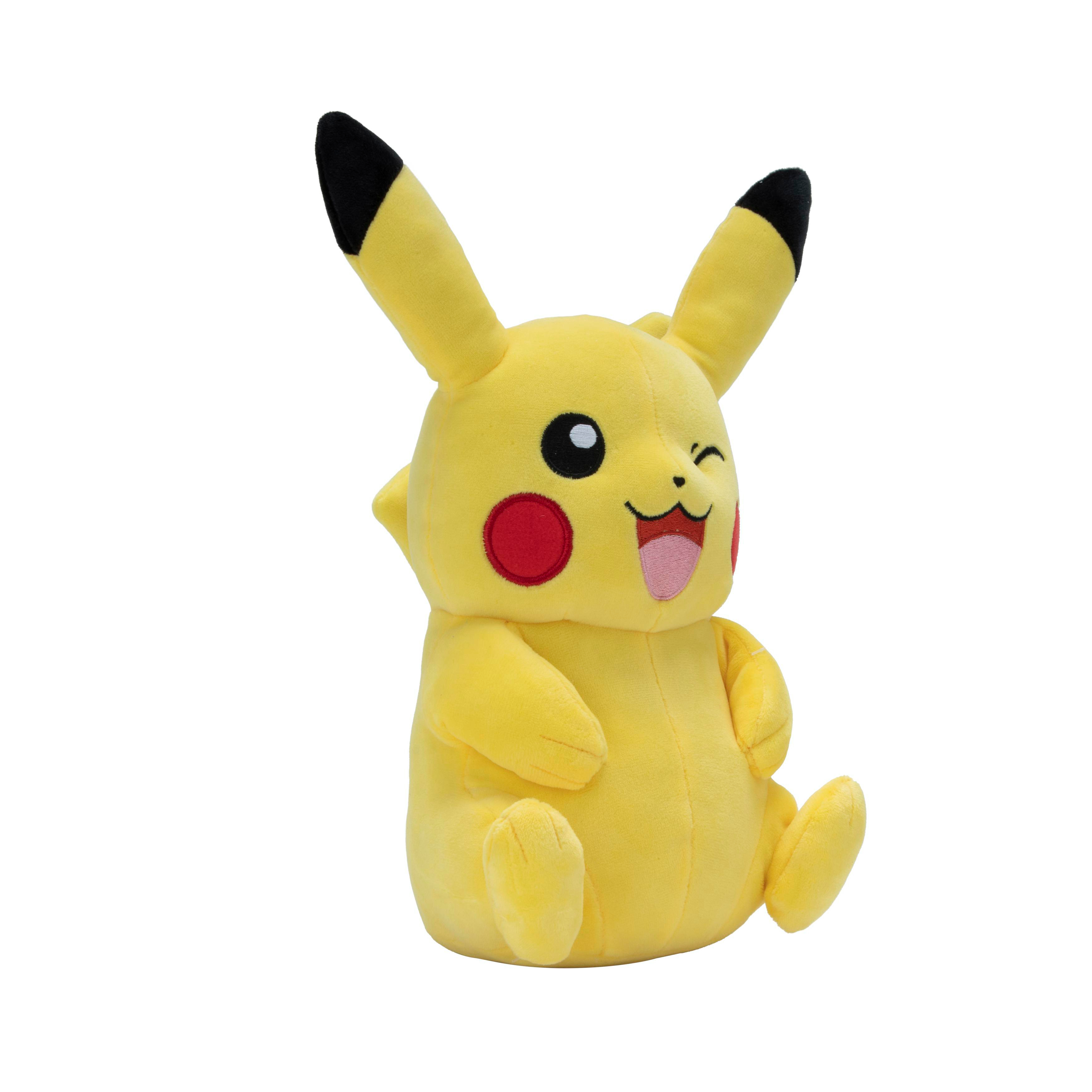 Eine gelbe Pikachu-Plüschfigur sitzt und zwinkert mit einem roten Kreis auf jeder Wange.