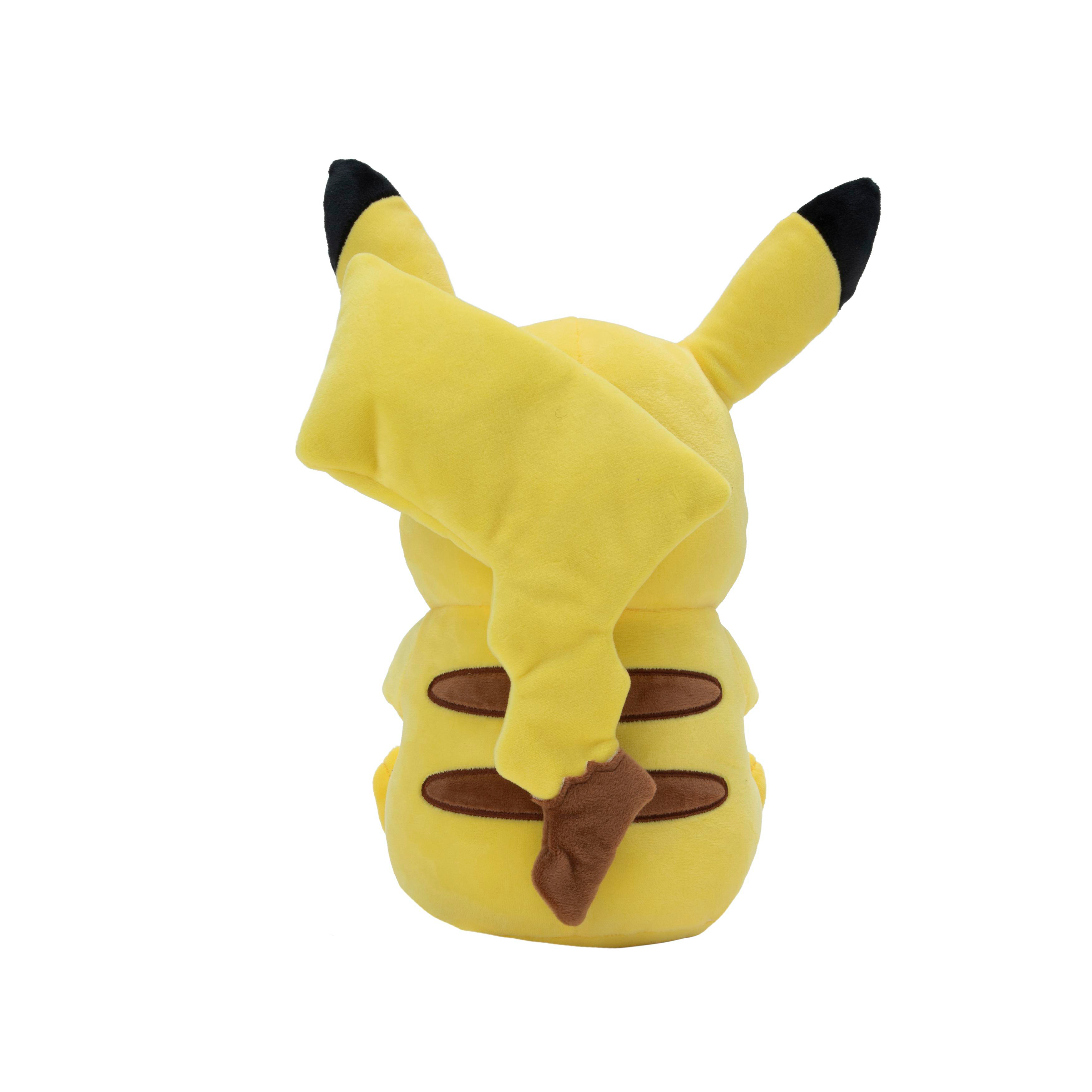 Rückansicht eines gelben Pikachu-Plüschtiers mit braunen Streifen und schwarzer Ohrspitze.