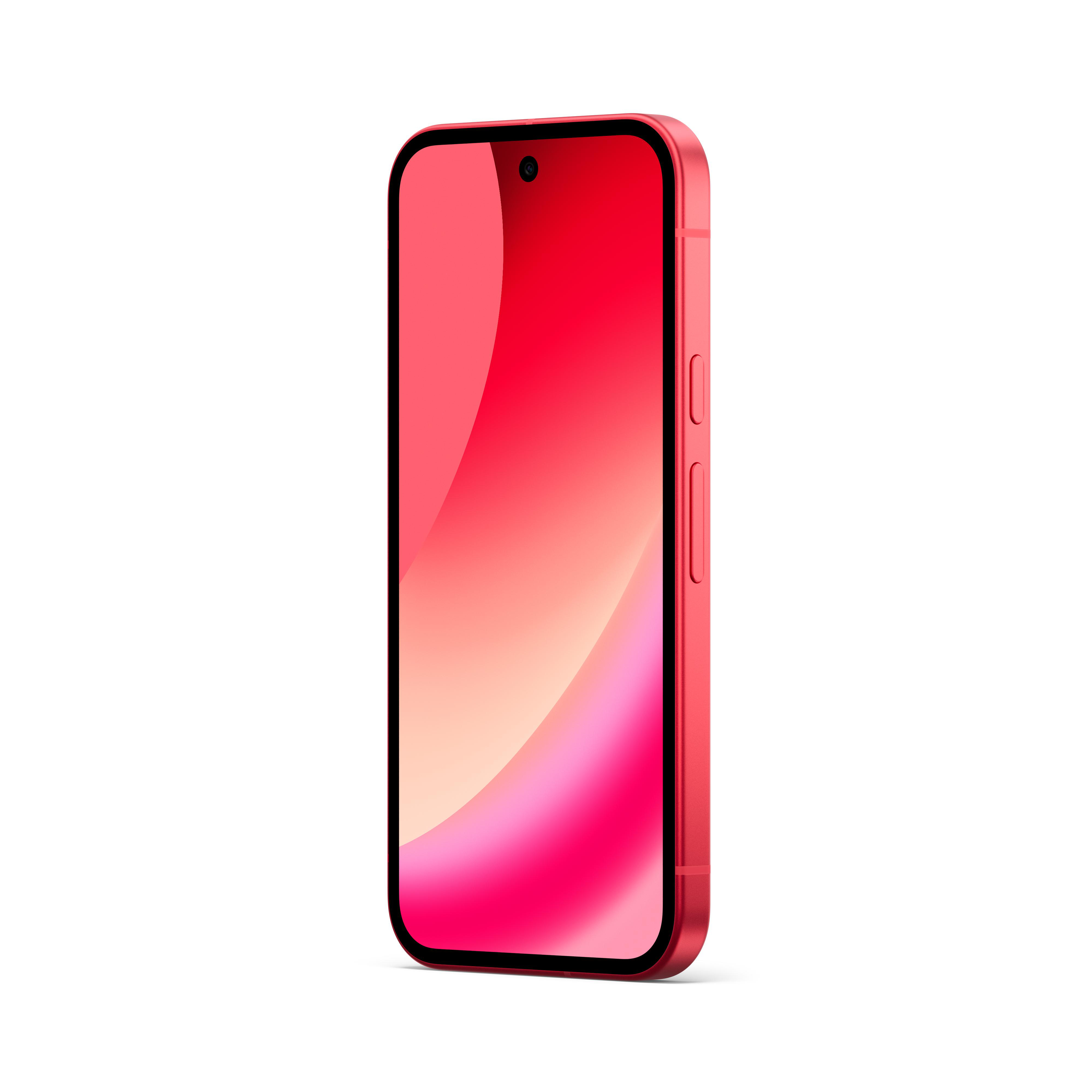 Ein rotes Smartphone mit einem abgerundeten Display und einer Notch.