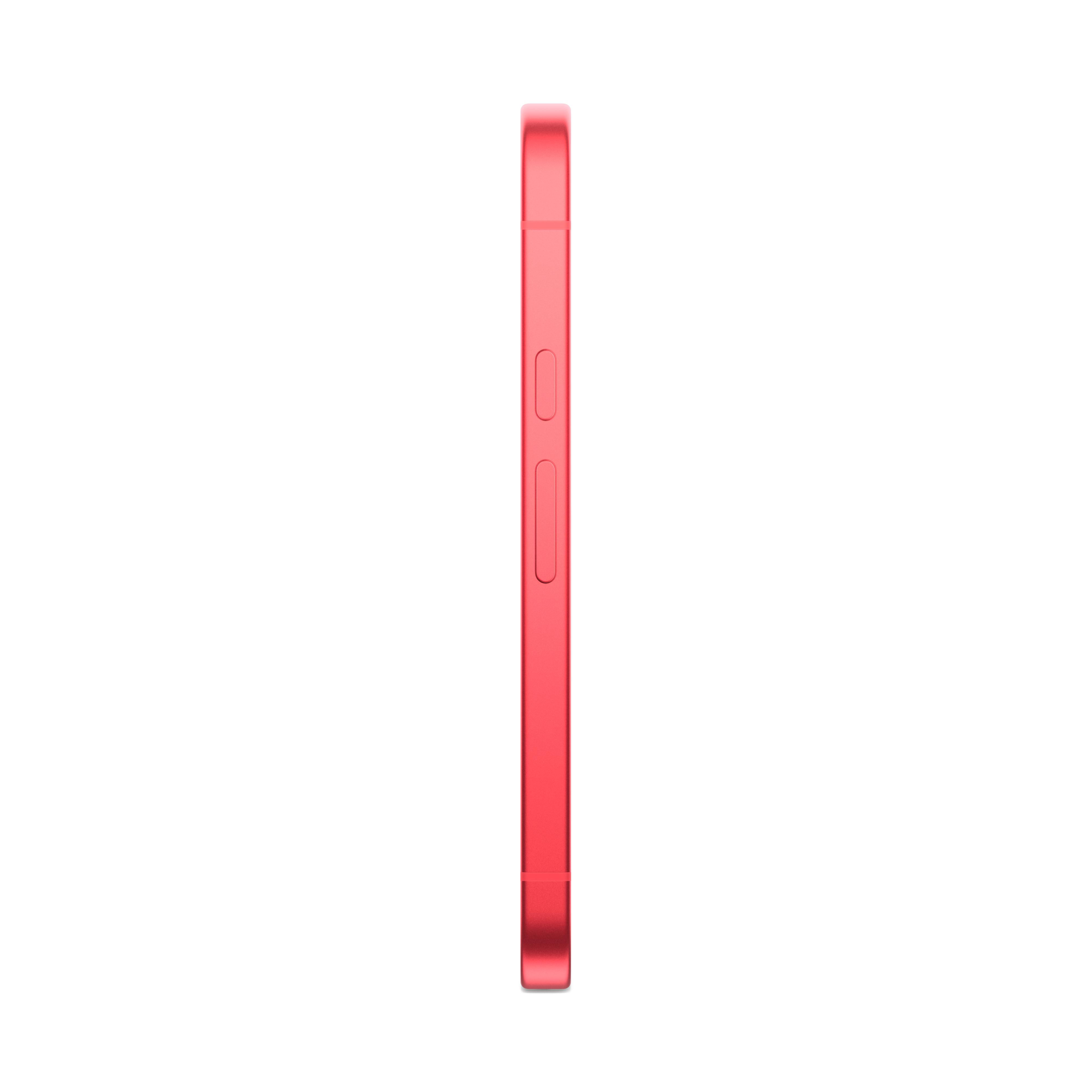 Rotes Smartphone im Profil auf weißem Hintergrund, Seitenansicht.